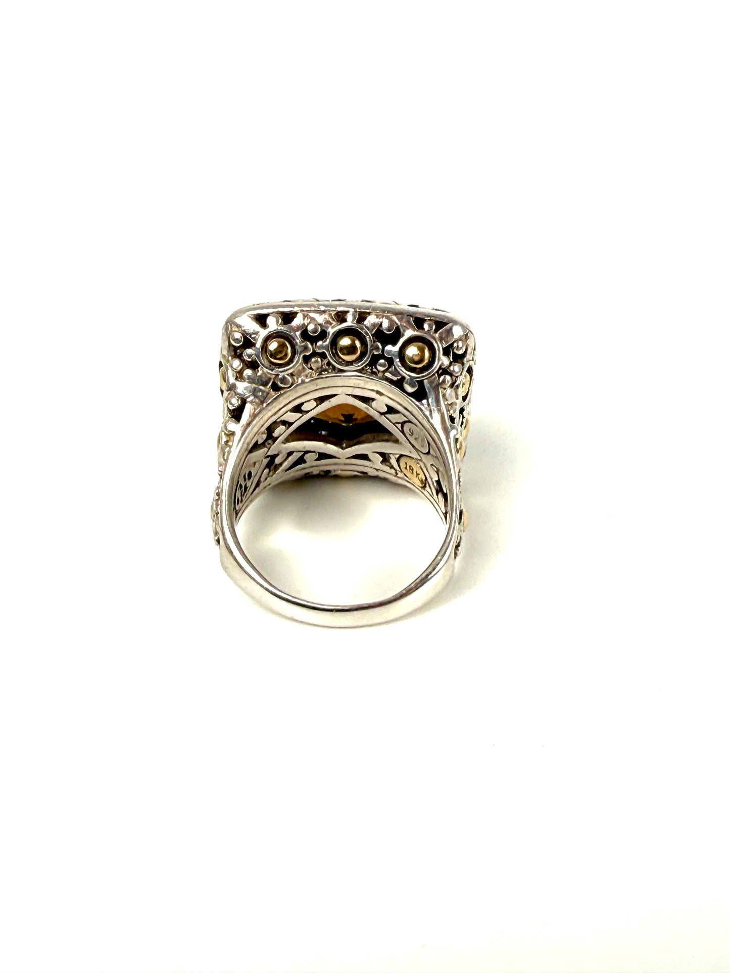 John Hardy Batu Sari Smoky Quartz Diamond Large Gold Sterling Silver Square Ring 7.25