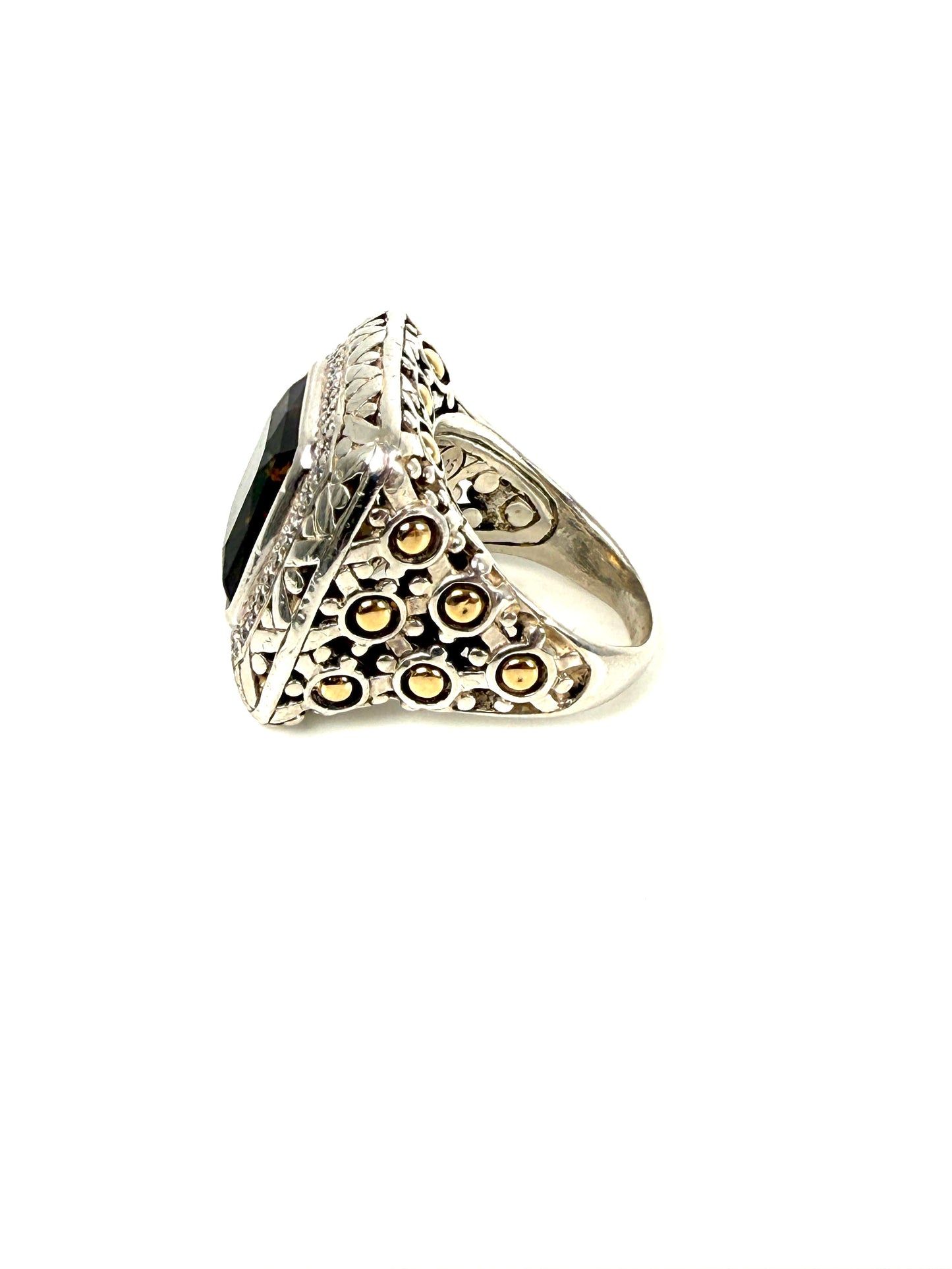 John Hardy Batu Sari Smoky Quartz Diamond Large Gold Sterling Silver Square Ring 7.25