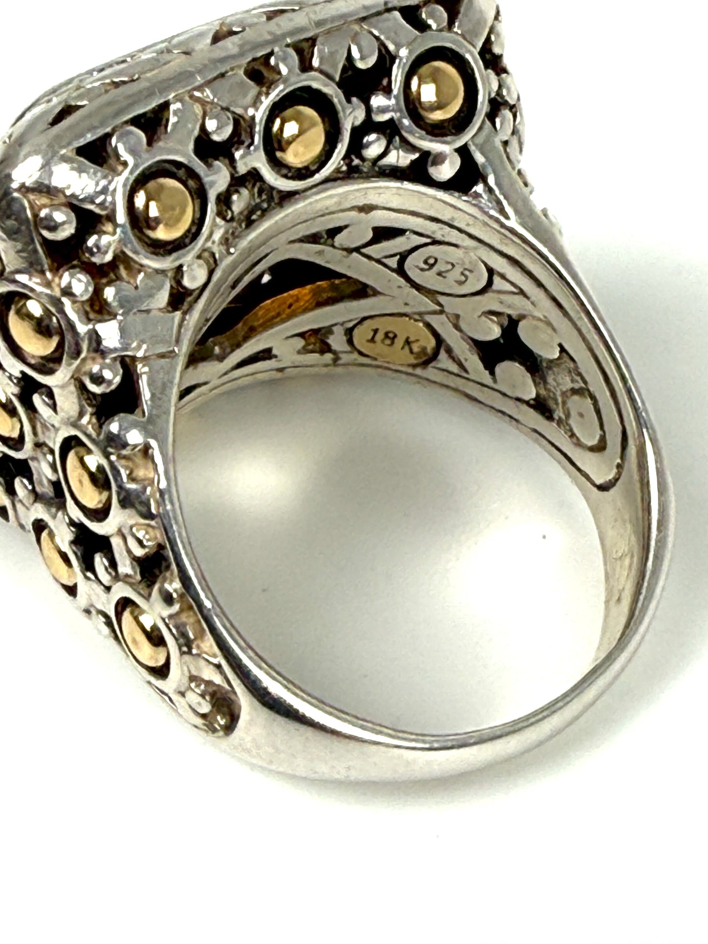 John Hardy Batu Sari Smoky Quartz Diamond Large Gold Sterling Silver Square Ring 7.25
