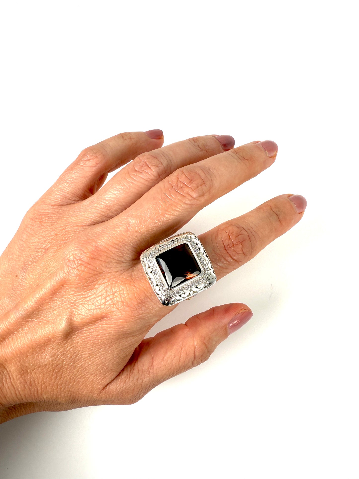 John Hardy Batu Sari Smoky Quartz Diamond Large Gold Sterling Silver Square Ring 7.25