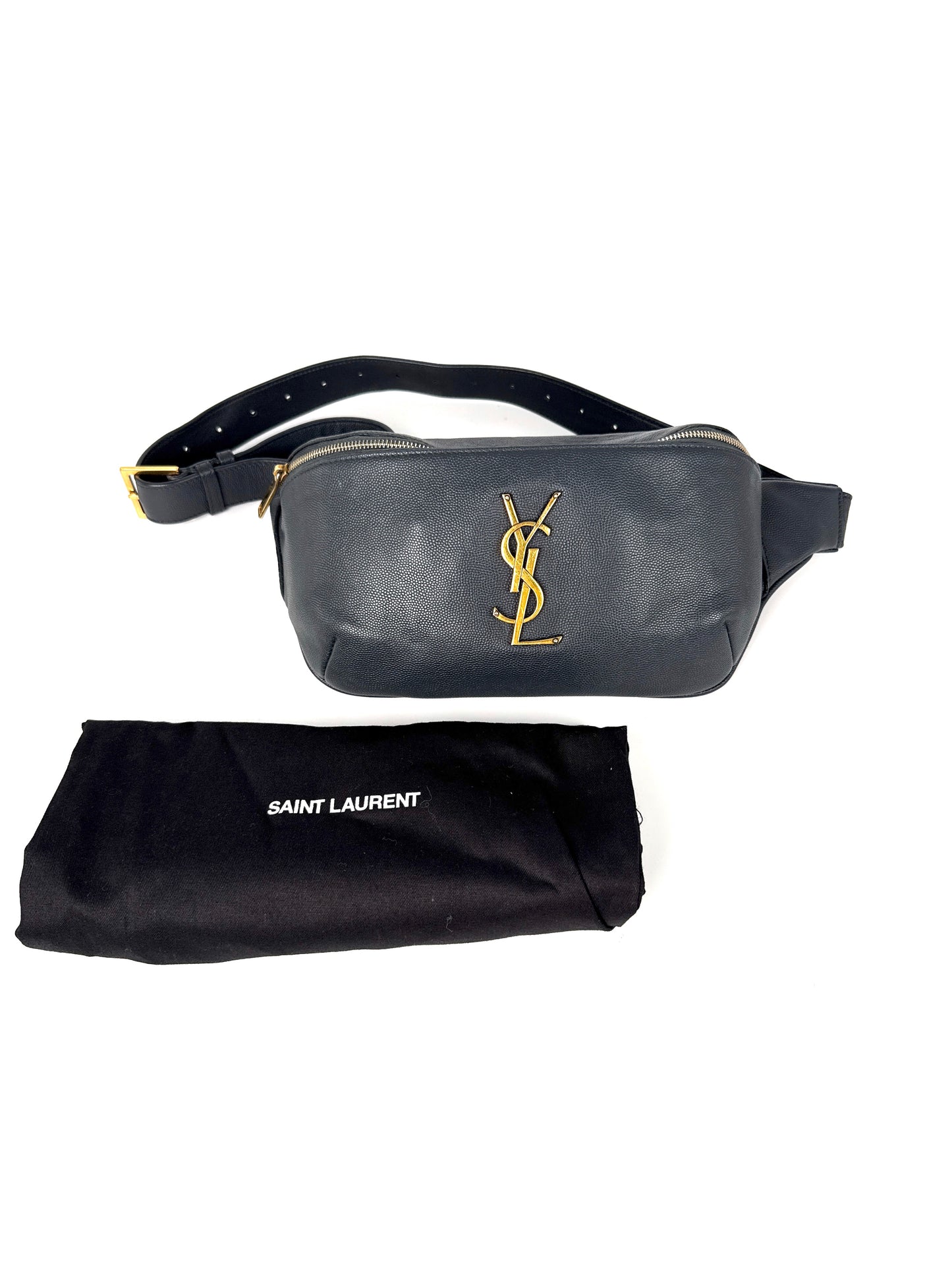 Saint Laurent YSL Cassandre Grain de Poudre Charcoal Leather Waist Belt Bag