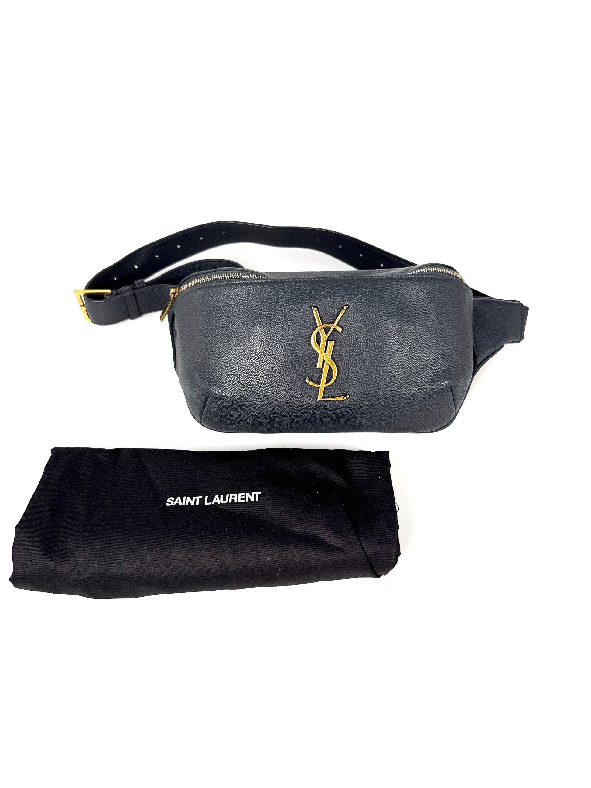 Saint Laurent YSL Cassandre Grain de Poudre Charcoal Leather Waist Belt Bag