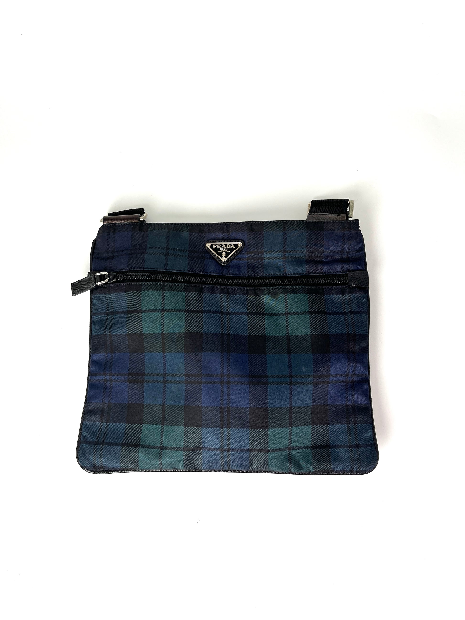 PRADA Nylon Tessuto Printed Plaid Black Green Blue Crossbody Messenger Bag