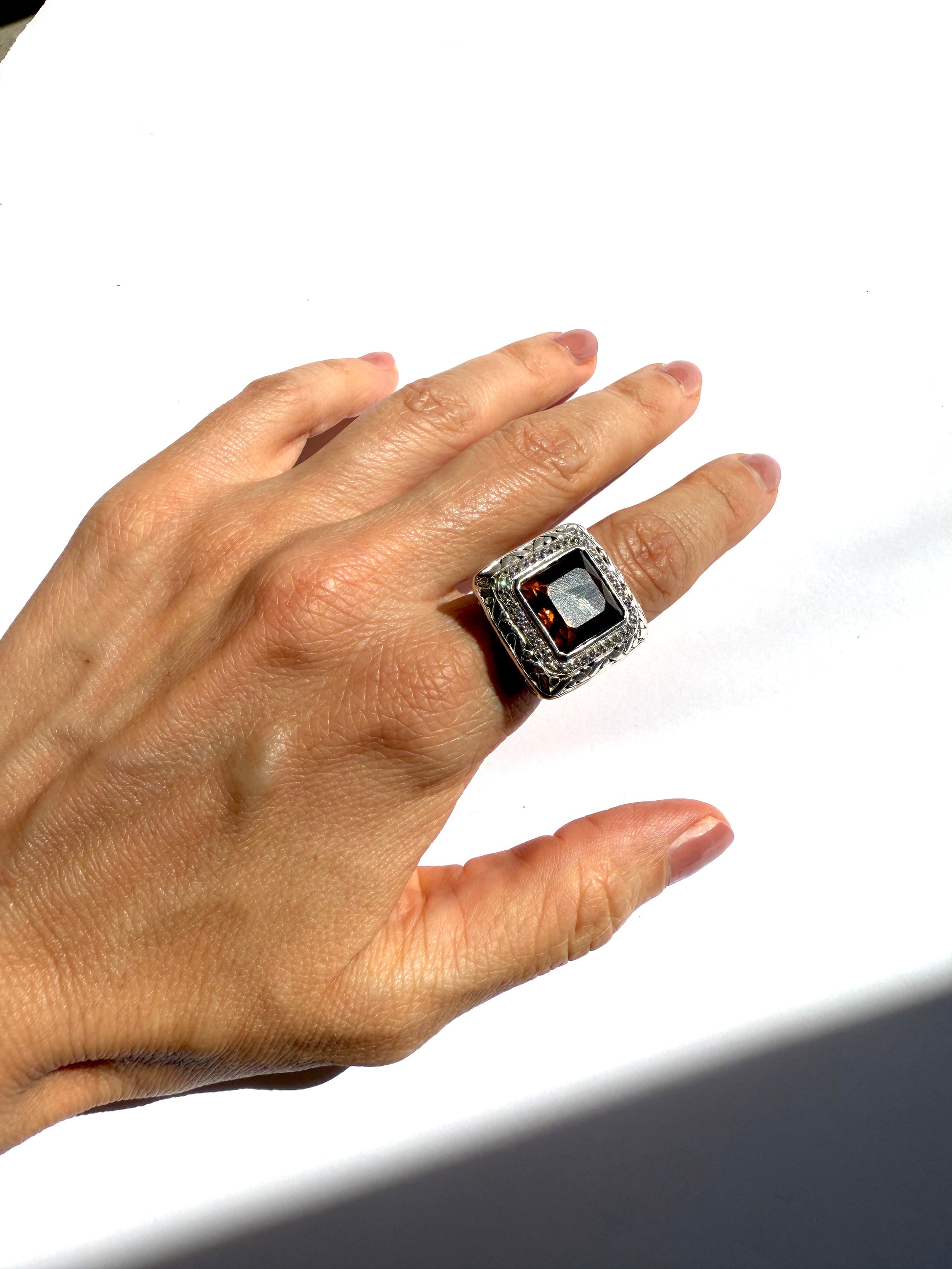 John Hardy Batu Sari Smoky Quartz Diamond Large Gold Sterling Silver Square Ring 7.25