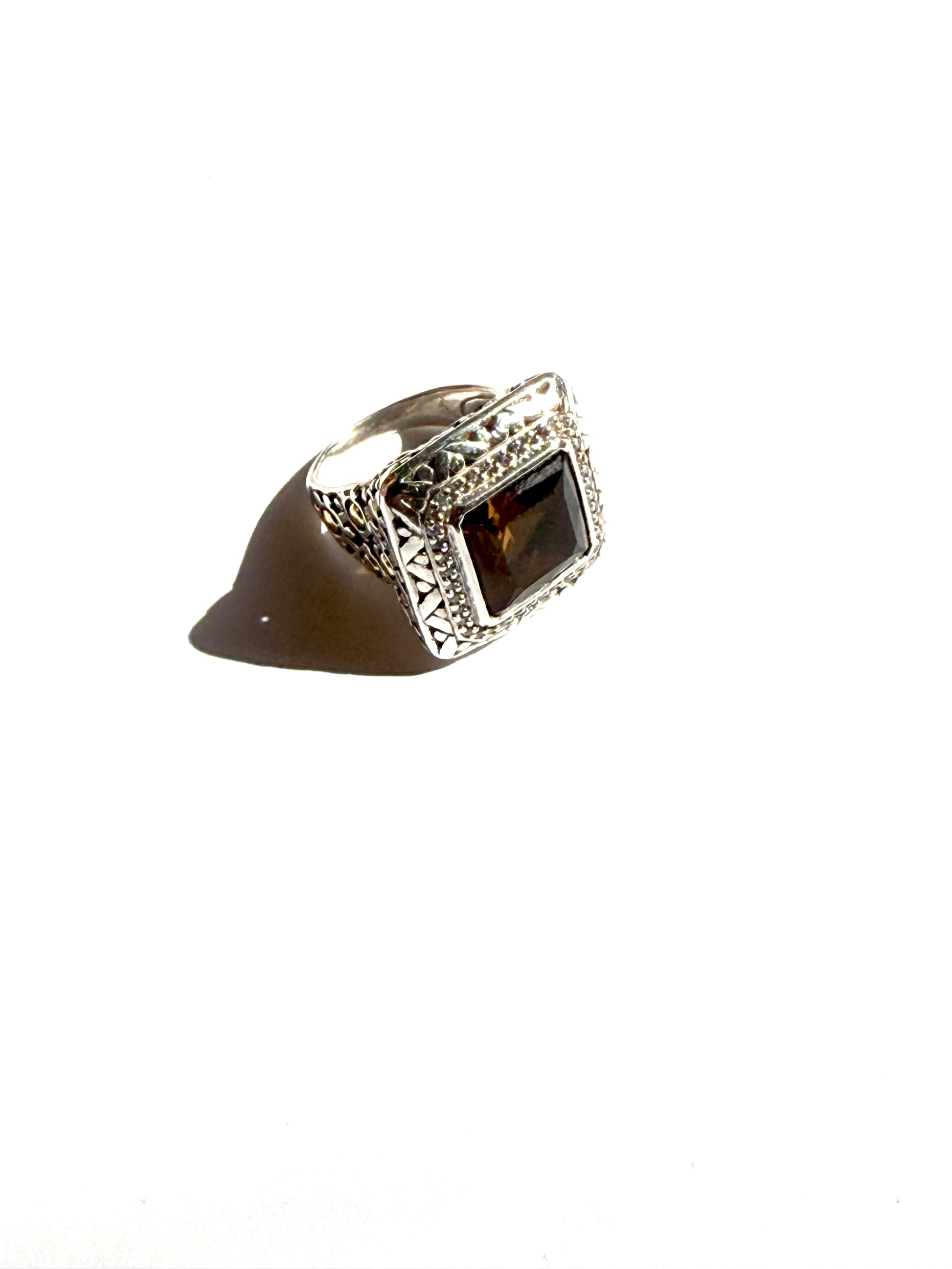 John Hardy Batu Sari Smoky Quartz Diamond Large Gold Sterling Silver Square Ring 7.25