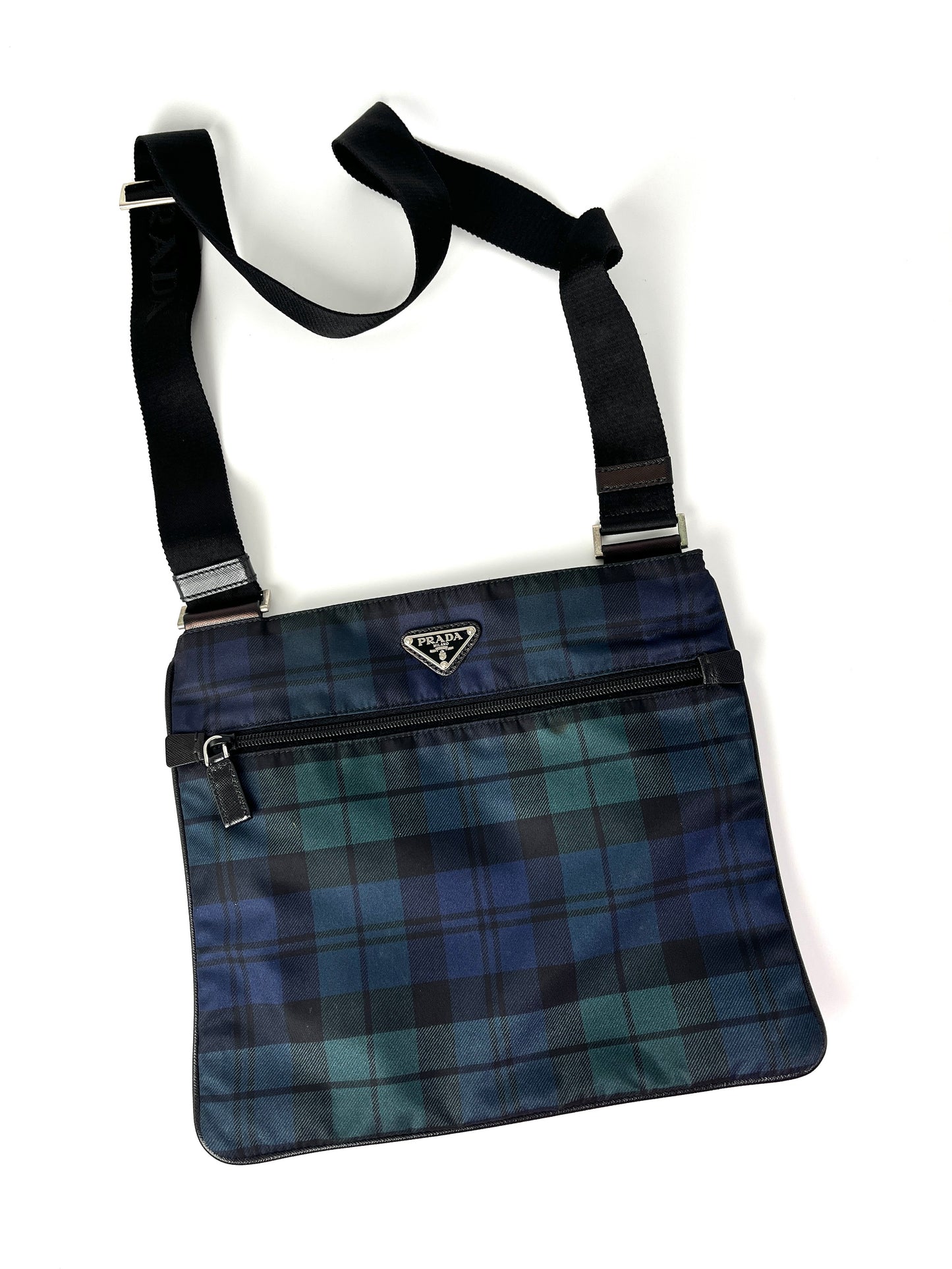 PRADA Nylon Tessuto Printed Plaid Black Green Blue Crossbody Messenger Bag