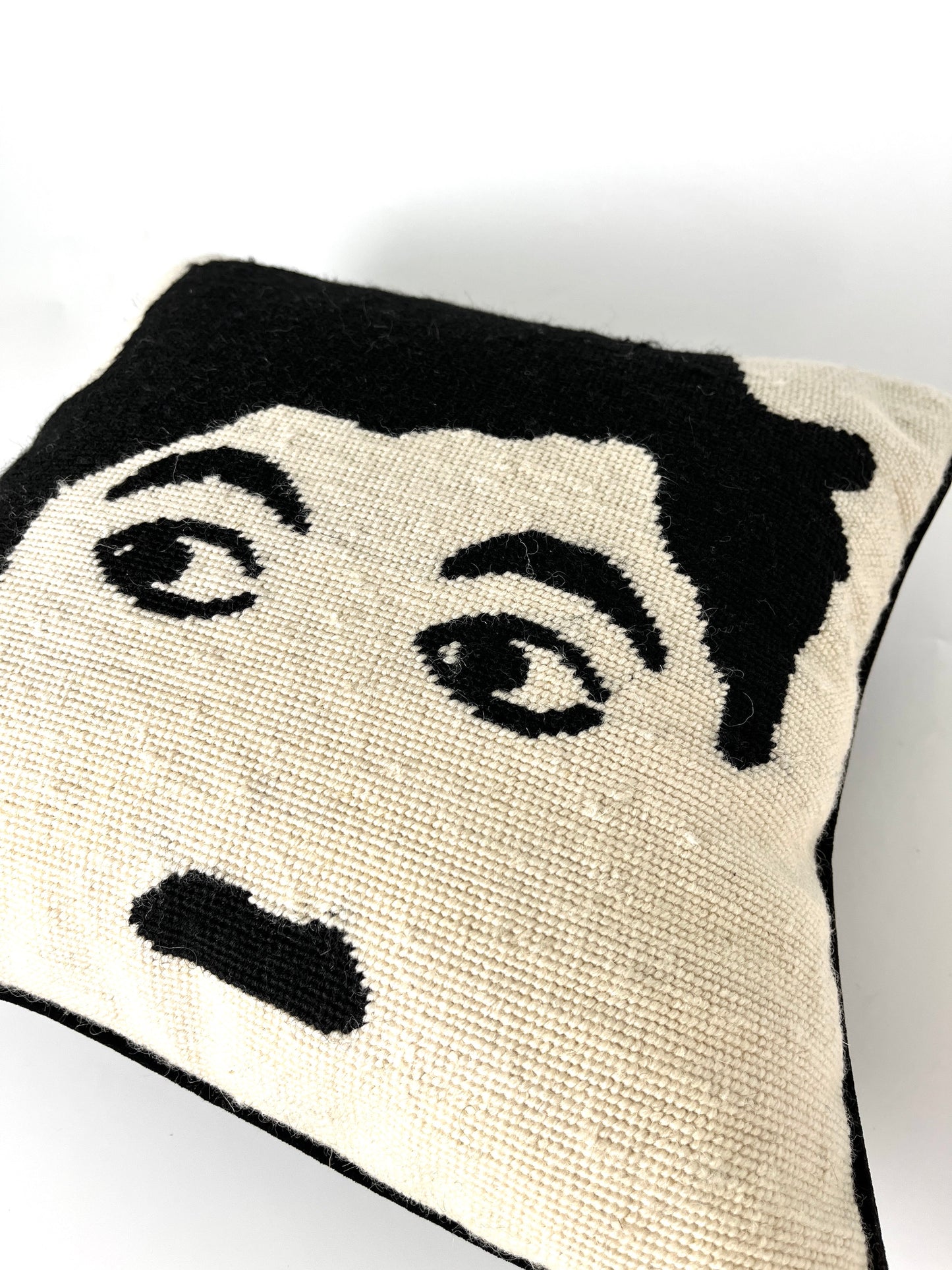 Jonathan Adler Face Needlepoint Black Cream Decorative Throw Pillow