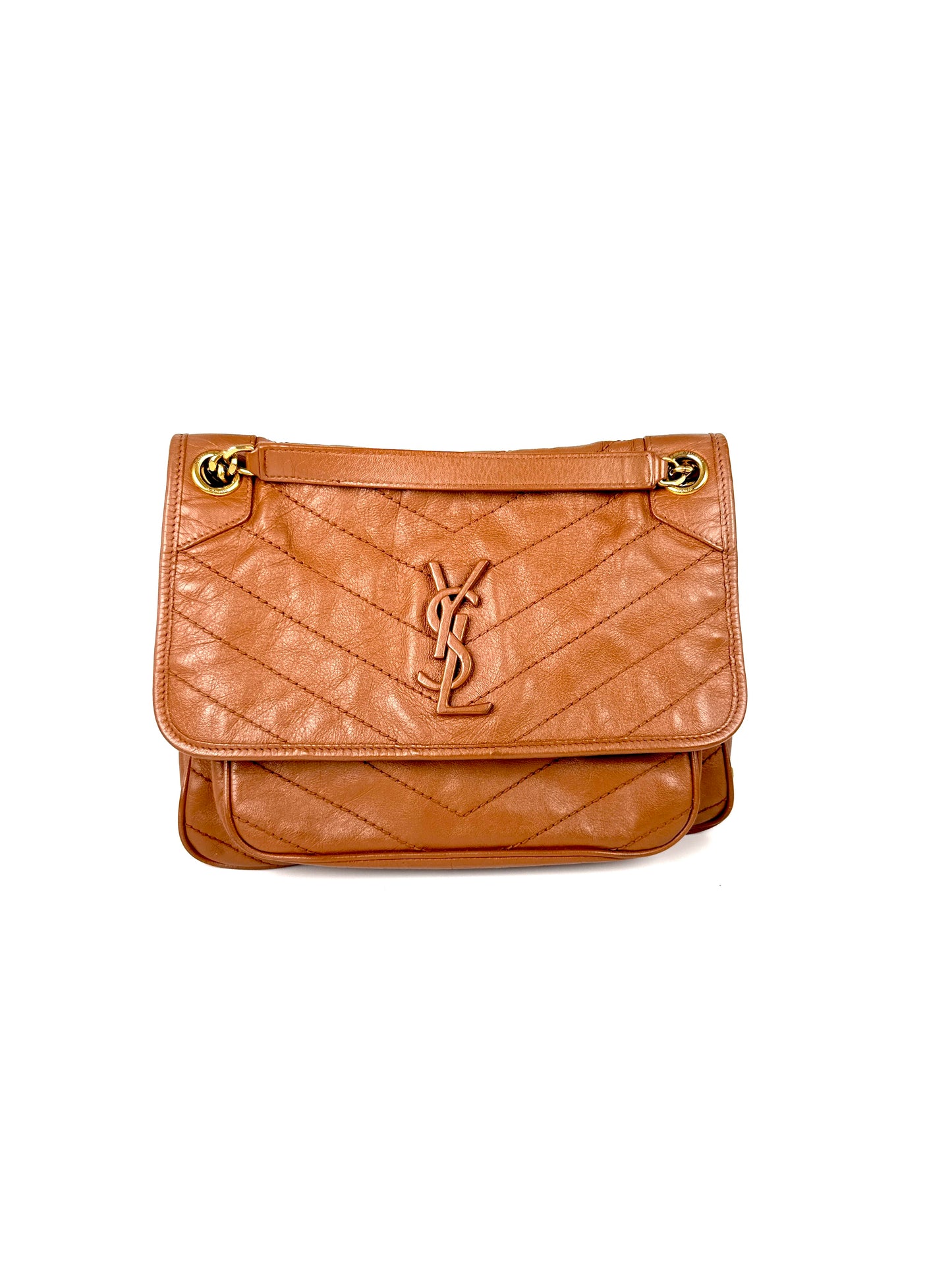Saint Laurent YSL Niki Crinkled Calfskin Matelasse Monogram Brown Leather Crossbody Bag 