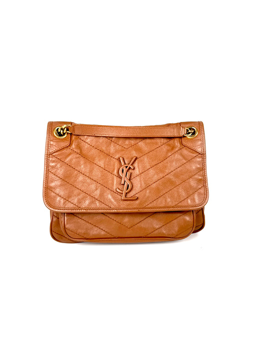 Saint Laurent YSL Niki Crinkled Calfskin Matelasse Monogram Brown Leather Crossbody Bag 