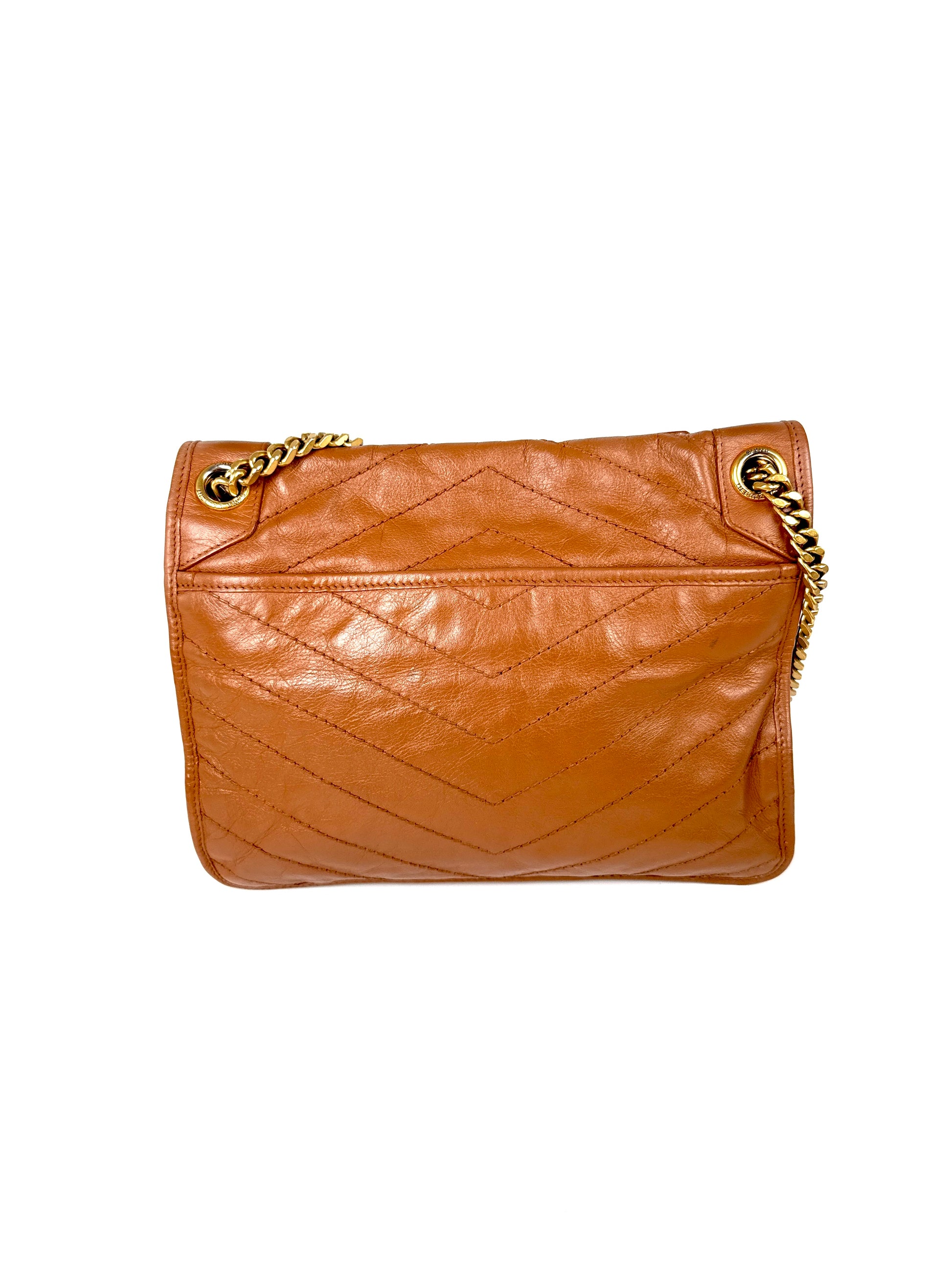 Saint Laurent YSL Niki Crinkled Calfskin Matelasse Monogram Brown Leather Crossbody Bag 