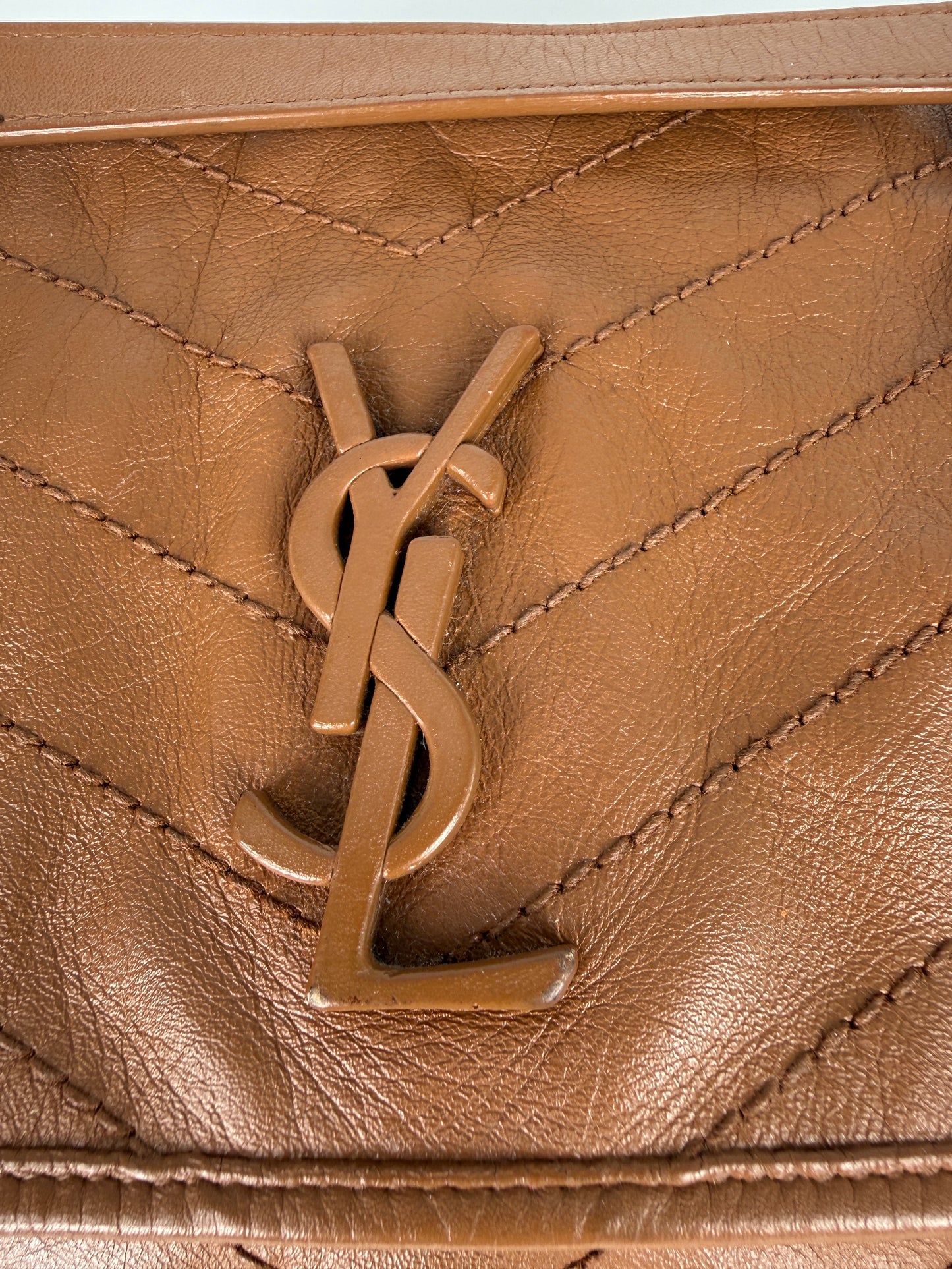 Saint Laurent YSL Niki Crinkled Calfskin Matelasse Monogram Brown Leather Crossbody Bag
