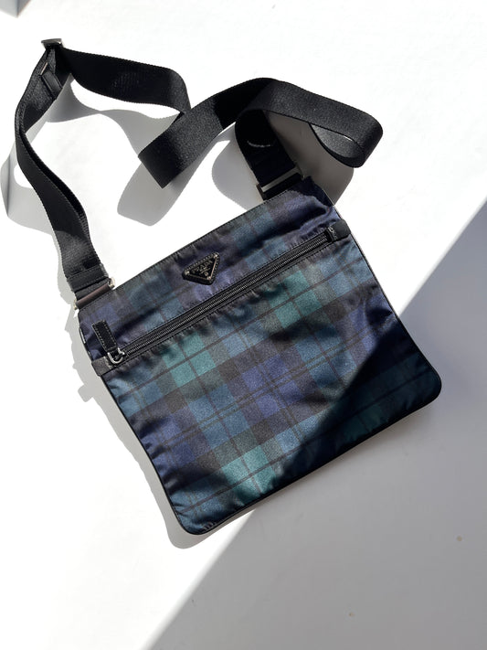 PRADA Nylon Tessuto Printed Plaid Black Green Blue Crossbody Messenger Bag