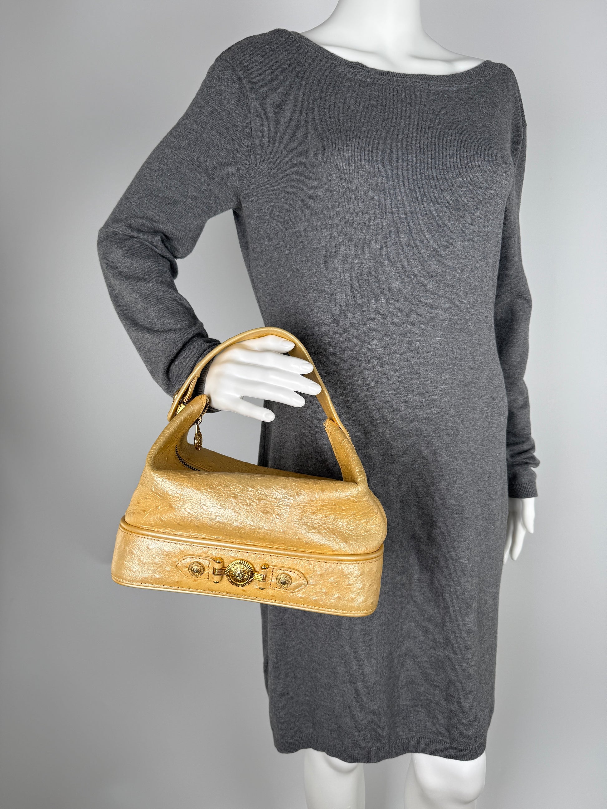 Gianni Versace Vintage Gold Vanity Ostrich Leather Top Handle Bag 