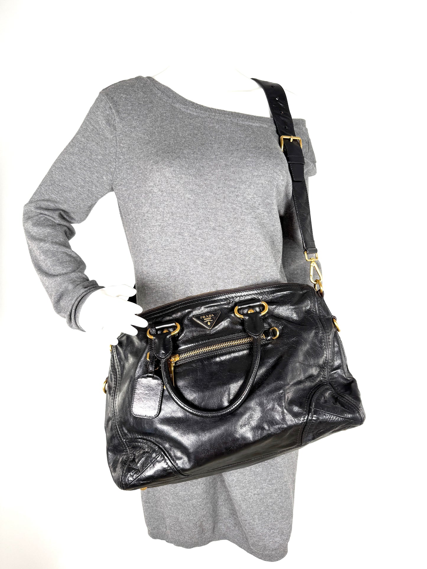Prada Vitello Baltico Black Leather East West Tote Crossbody Bag 
