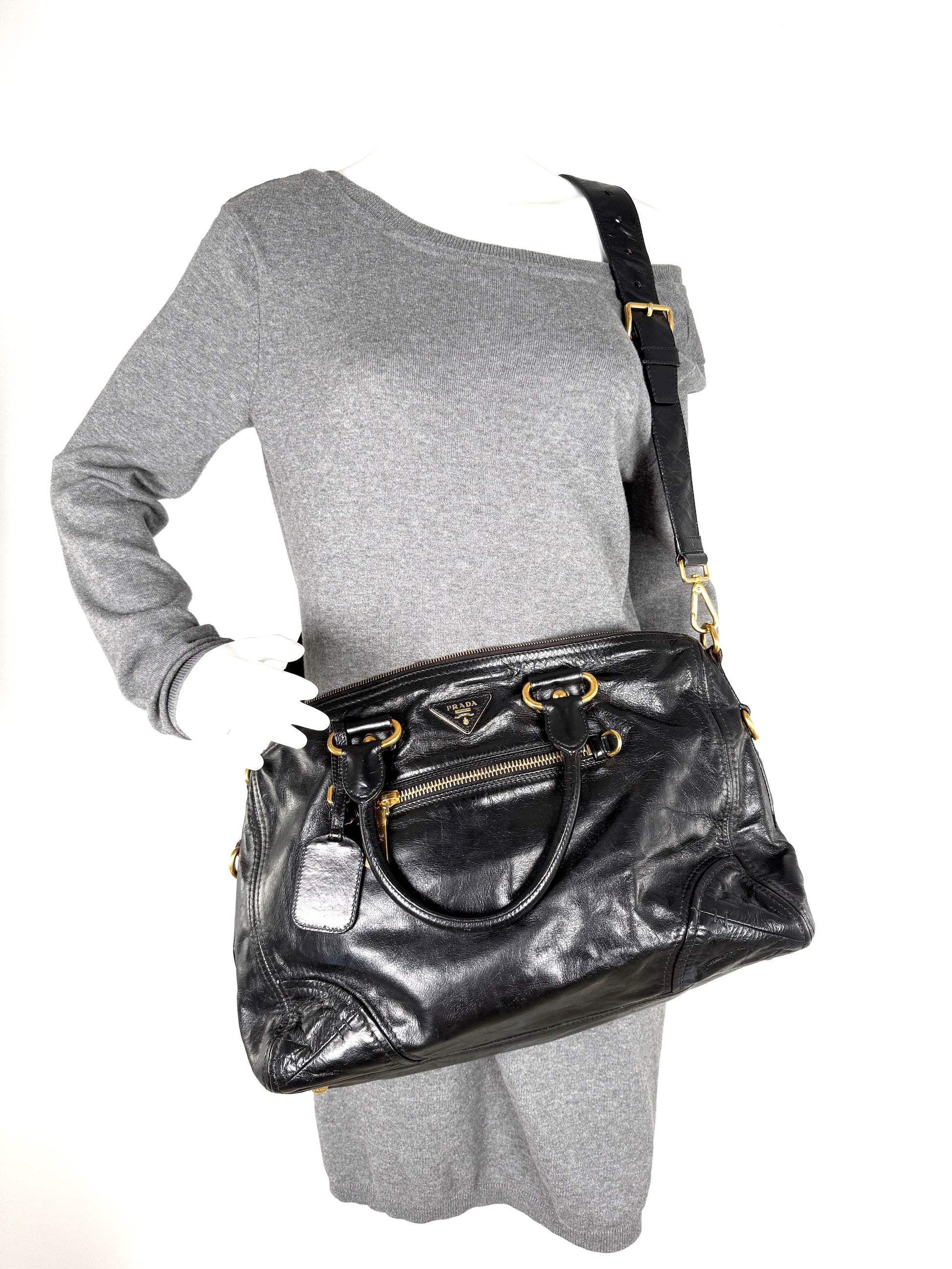Prada Vitello Baltico Black Leather East West Tote Crossbody Bag 