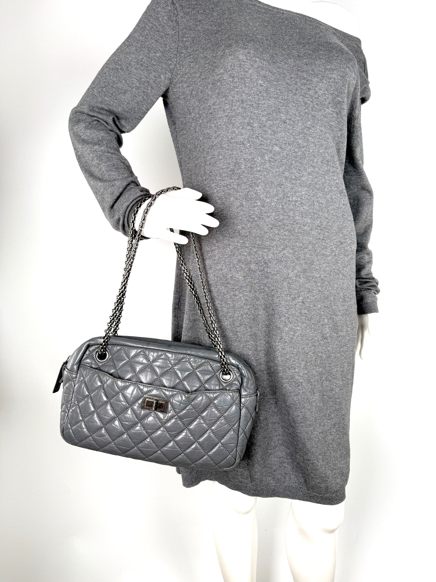 CHANEL Reissue Camera Quilted Gray Leather Crossbody Bag 