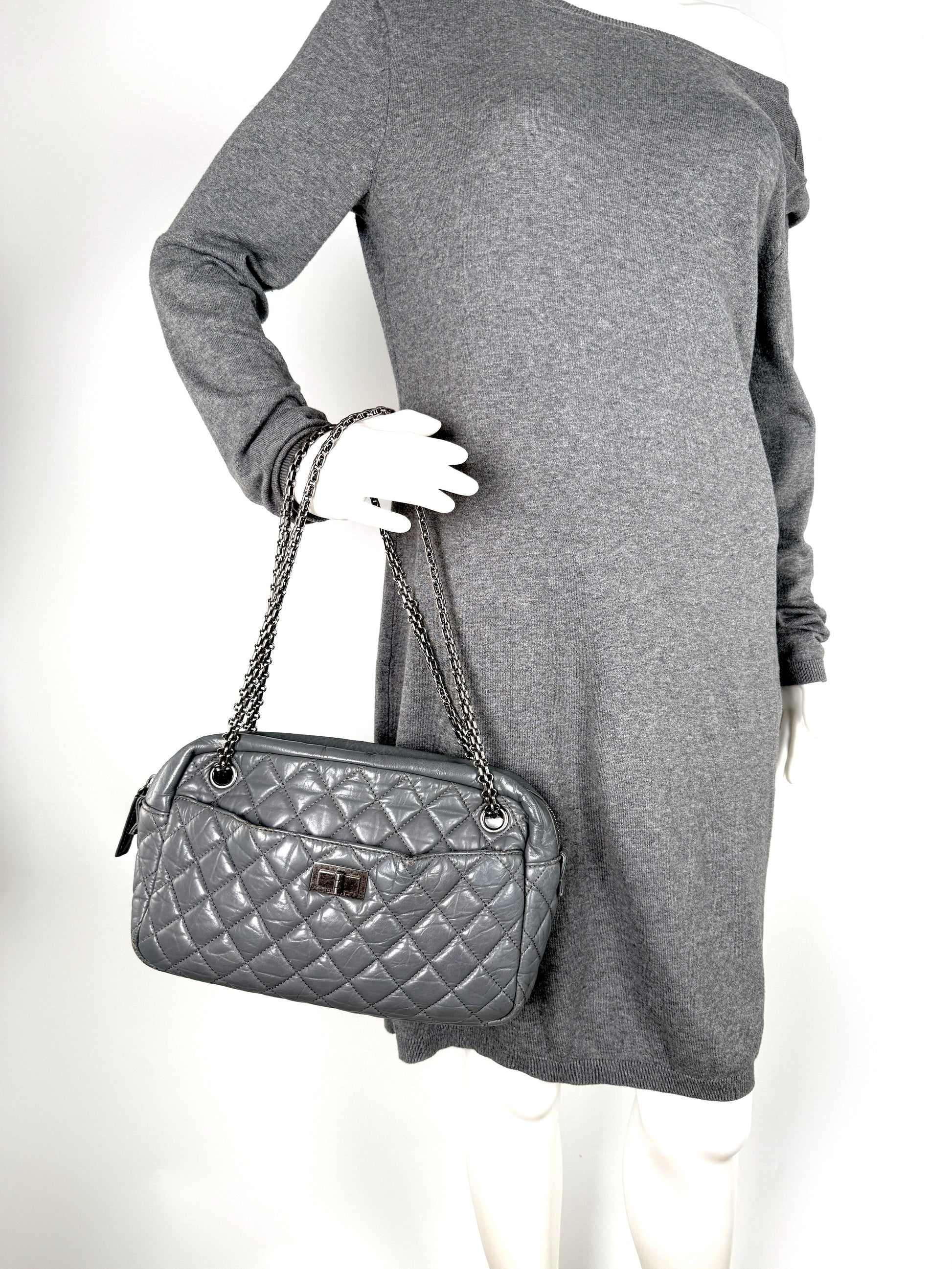 CHANEL Reissue Camera Quilted Gray Leather Crossbody Bag 