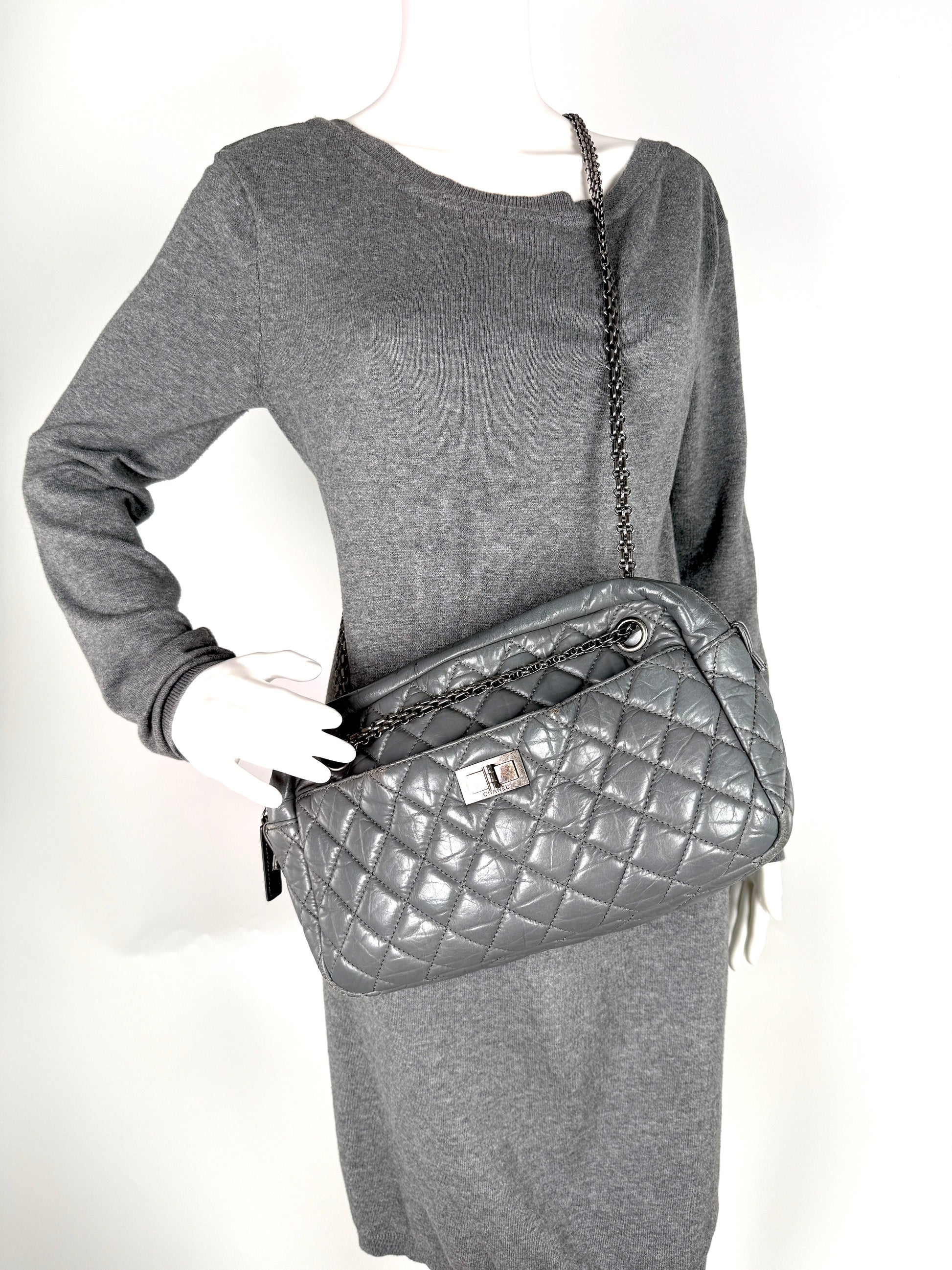 CHANEL Reissue Camera Quilted Gray Leather Crossbody Bag 