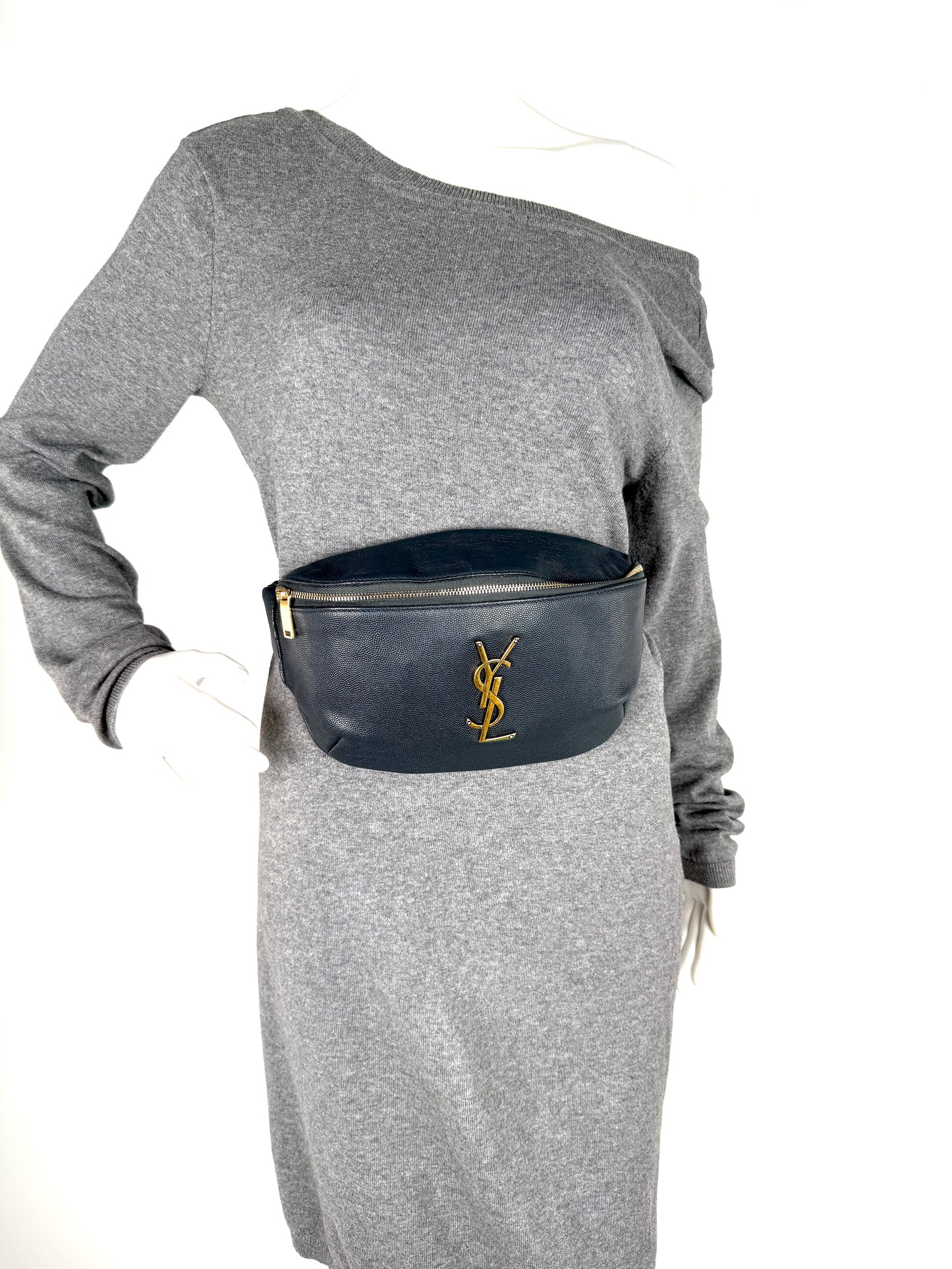 Saint Laurent YSL Cassandre Grain de Poudre Charcoal Leather Waist Belt Bag