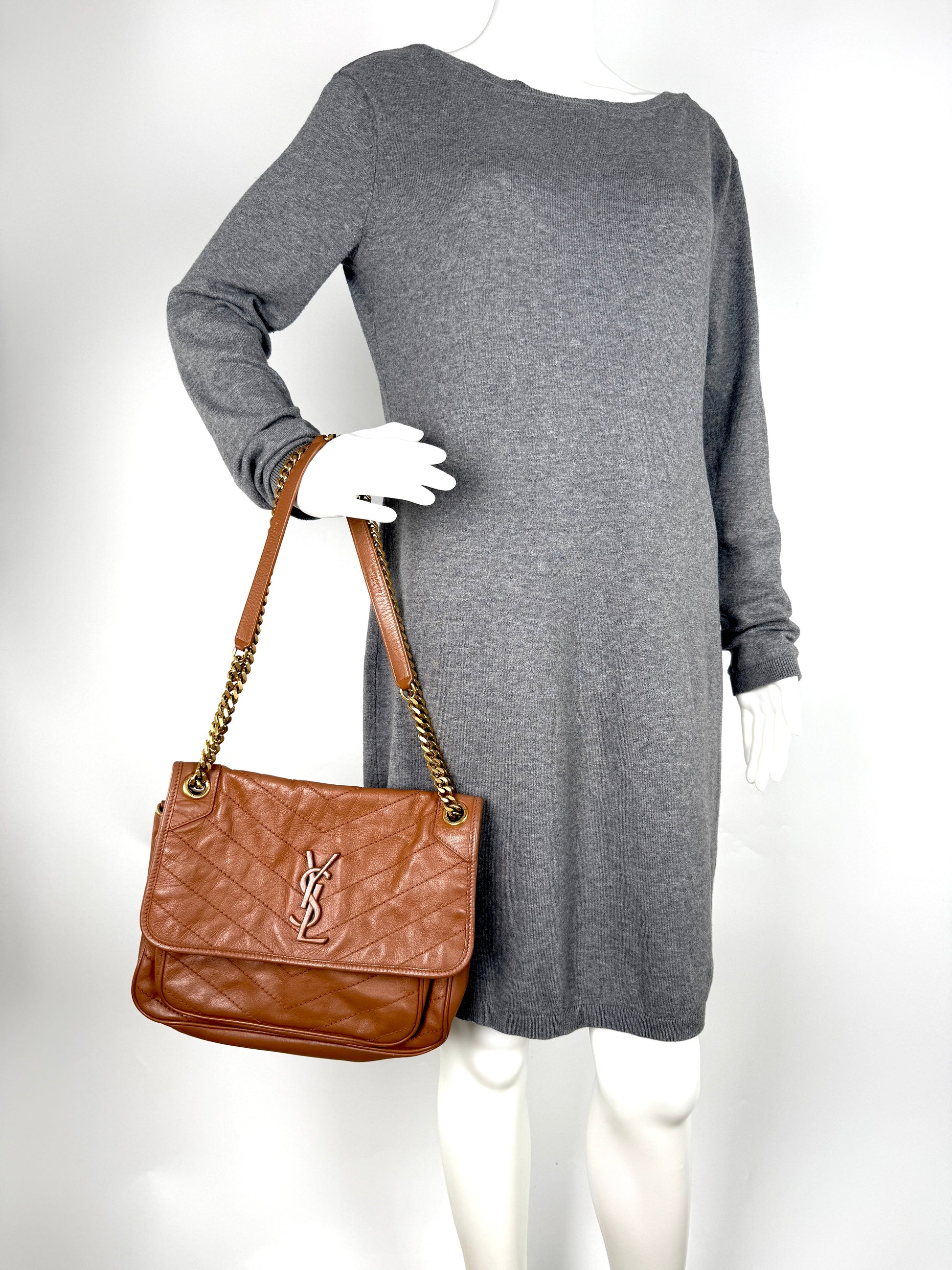 Saint Laurent YSL Niki Crinkled Calfskin Matelasse Monogram Brown Leather Crossbody Bag 