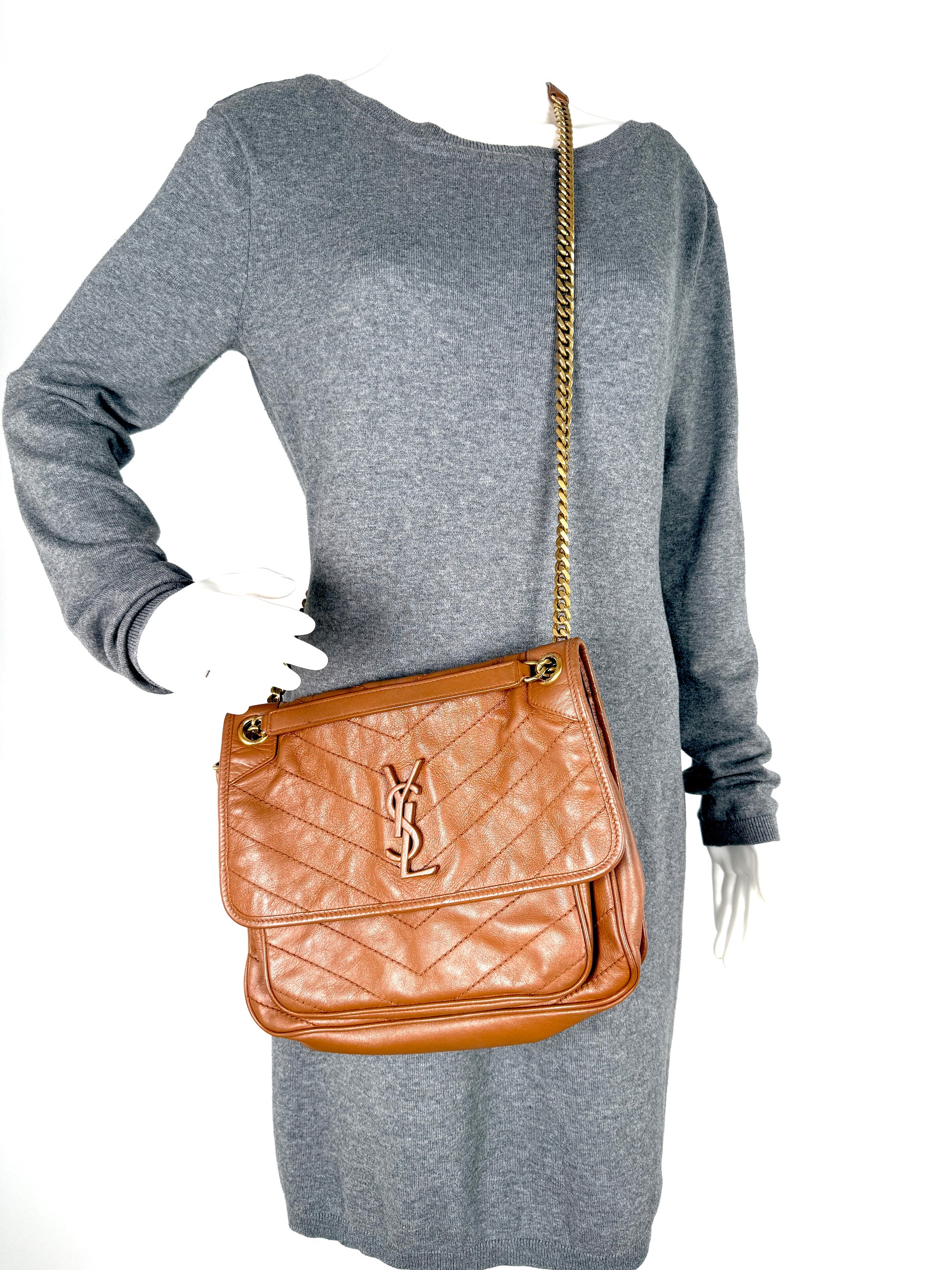 Saint Laurent YSL Niki Crinkled Calfskin Matelasse Monogram Brown Leather Crossbody Bag 