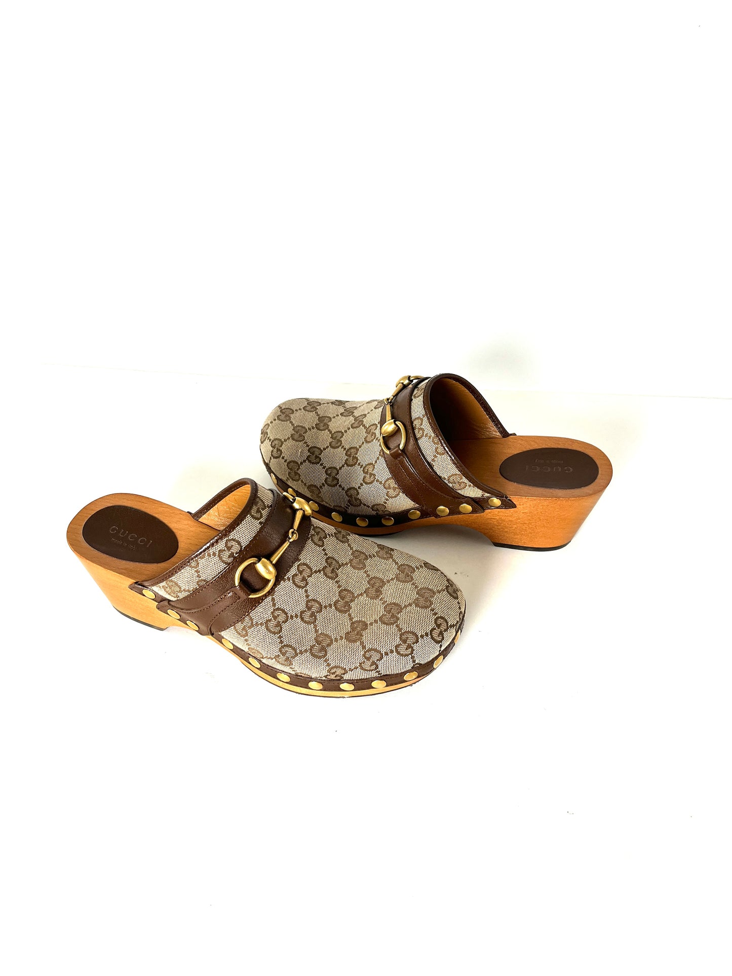 GUCCI Horsebit Brown Monogram GG Platform Clogs Shoes 39.5 9