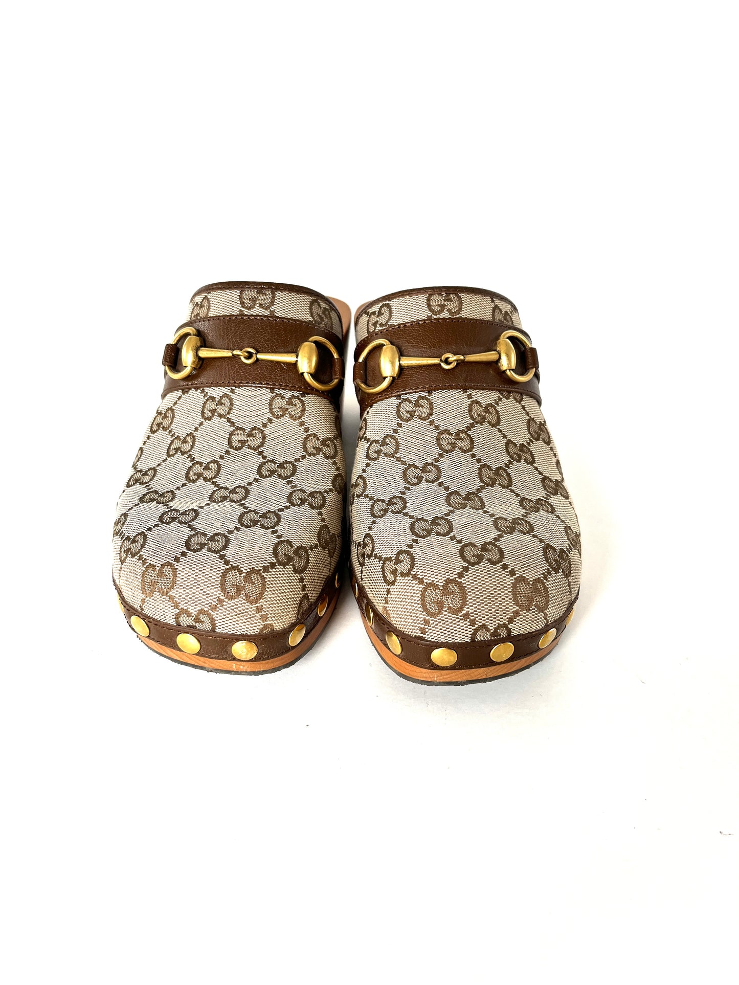 GUCCI Horsebit Brown Monogram GG Platform Clogs Shoes 39.5 9