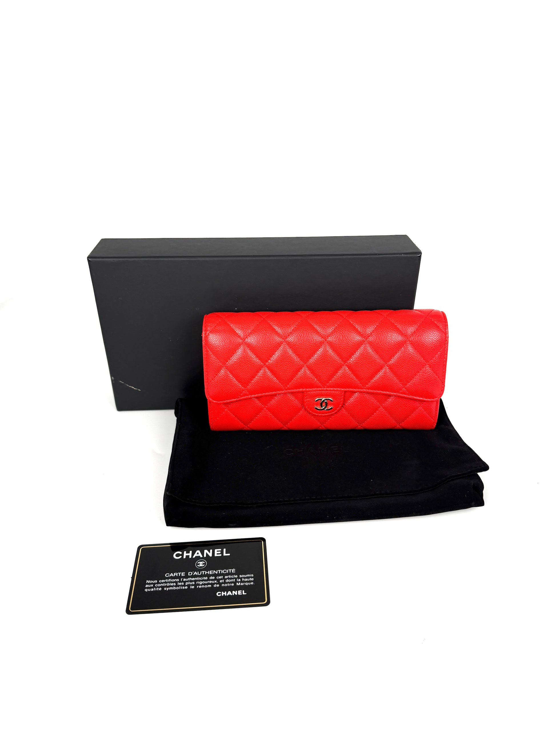 CHANEL Red Quilted Caviar Flap CC Long Gusset Continental Wallet