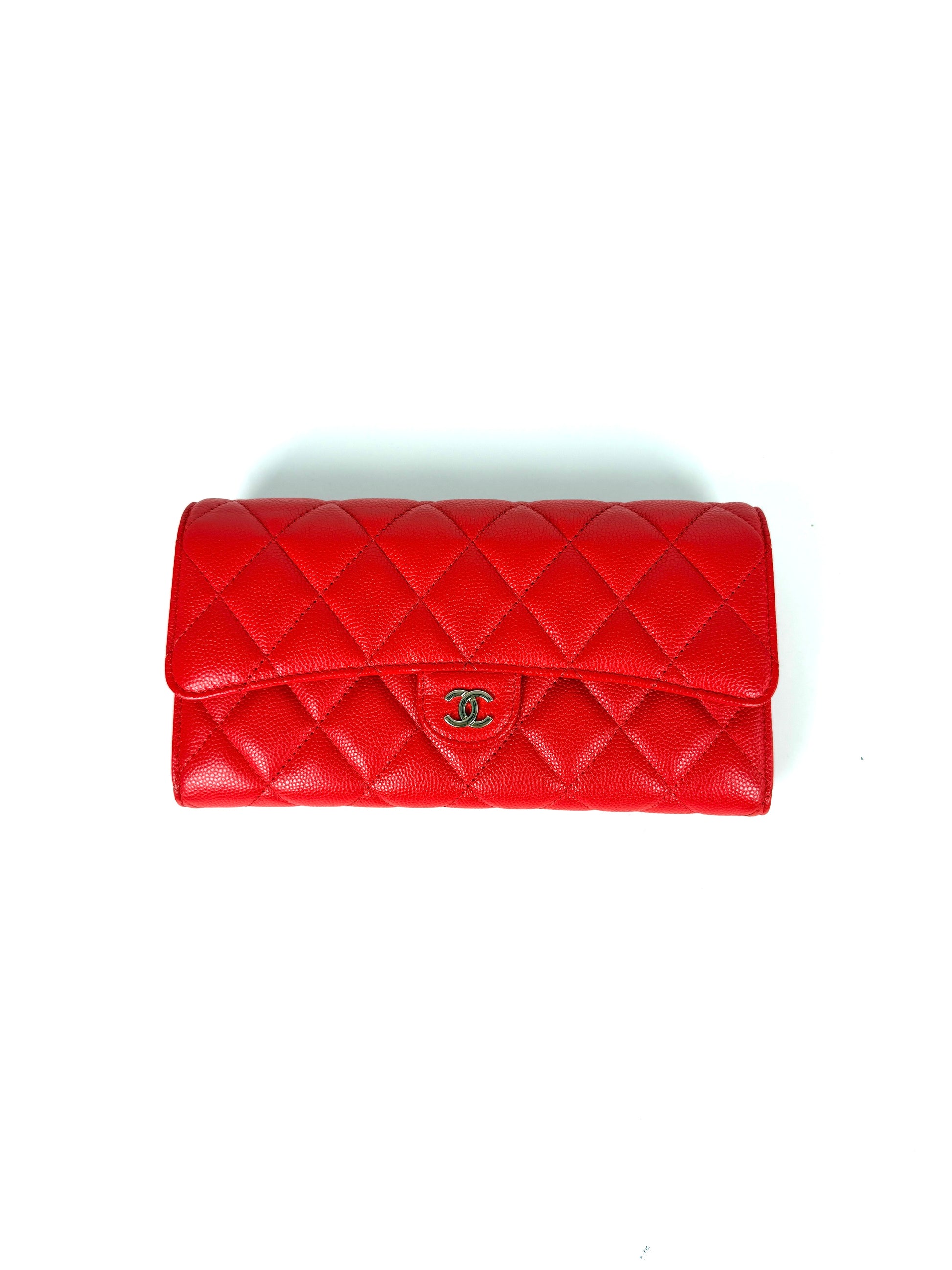 CHANEL Red Quilted Caviar Flap CC Long Gusset Continental Wallet Luxury consignment