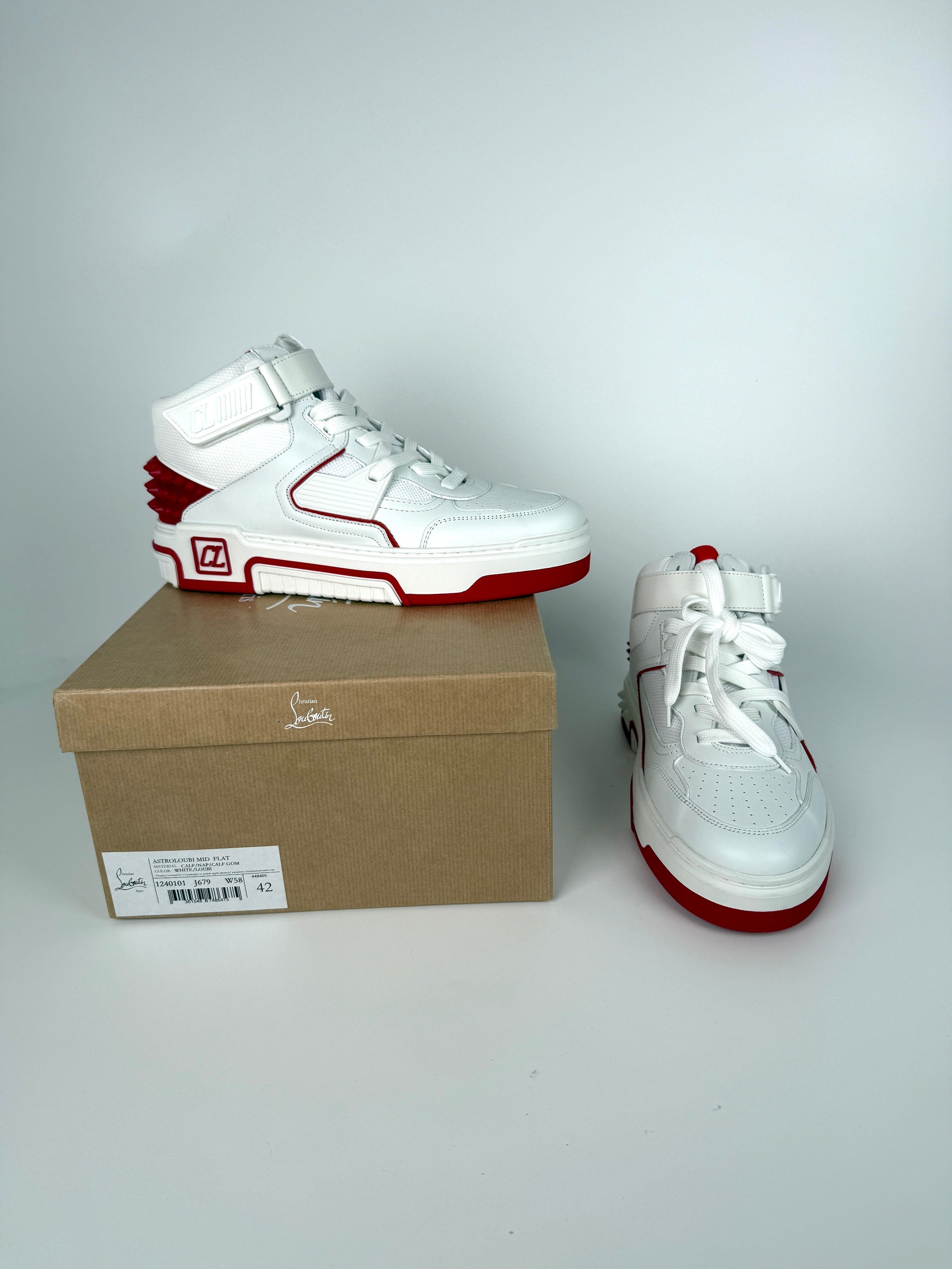 CHRISTIAN LOUBOUTIN Men's White Red Astroloubi Spike Mid Top Leather Sneakers 42, 9US NIB