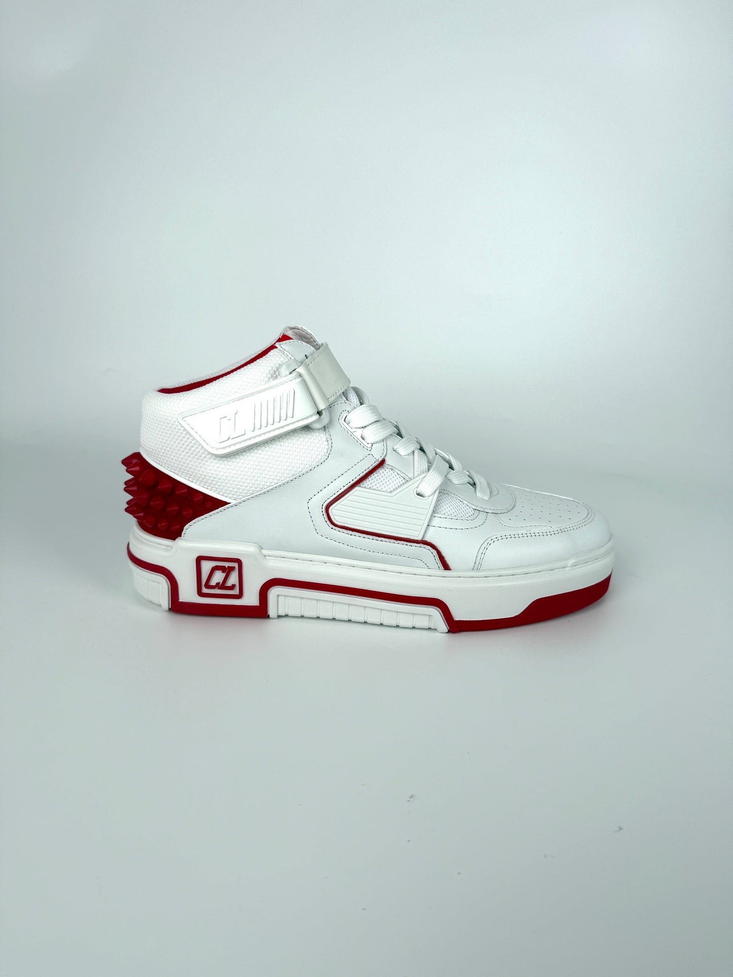 CHRISTIAN LOUBOUTIN Men's White Red Astroloubi Spike Mid Top Leather Sneakers 42, 9US NIB