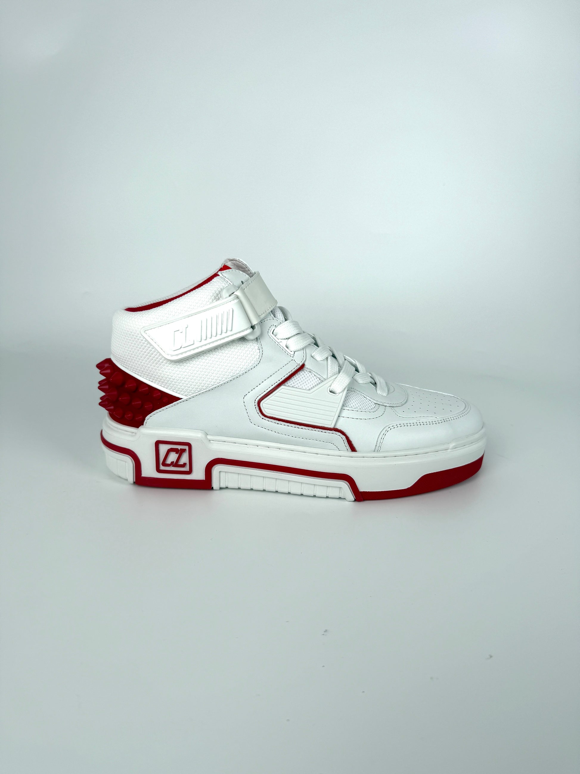 CHRISTIAN LOUBOUTIN Men's White Red Astroloubi Spike Mid Top Leather Sneakers 42, 9US NIB