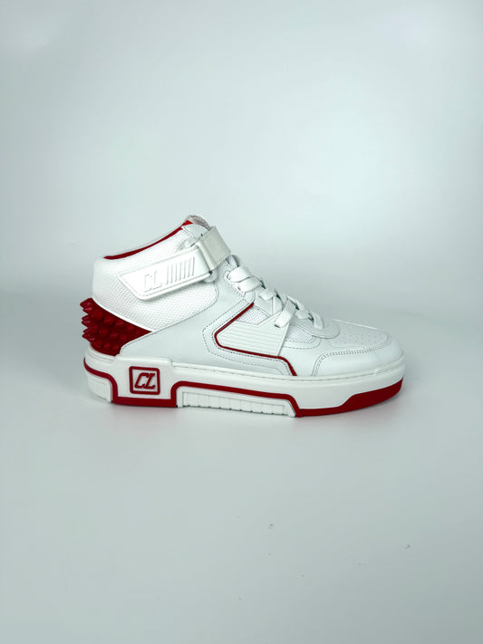 CHRISTIAN LOUBOUTIN Men's White Red Astroloubi Spike Mid Top Leather Sneakers 42, 9US NIB