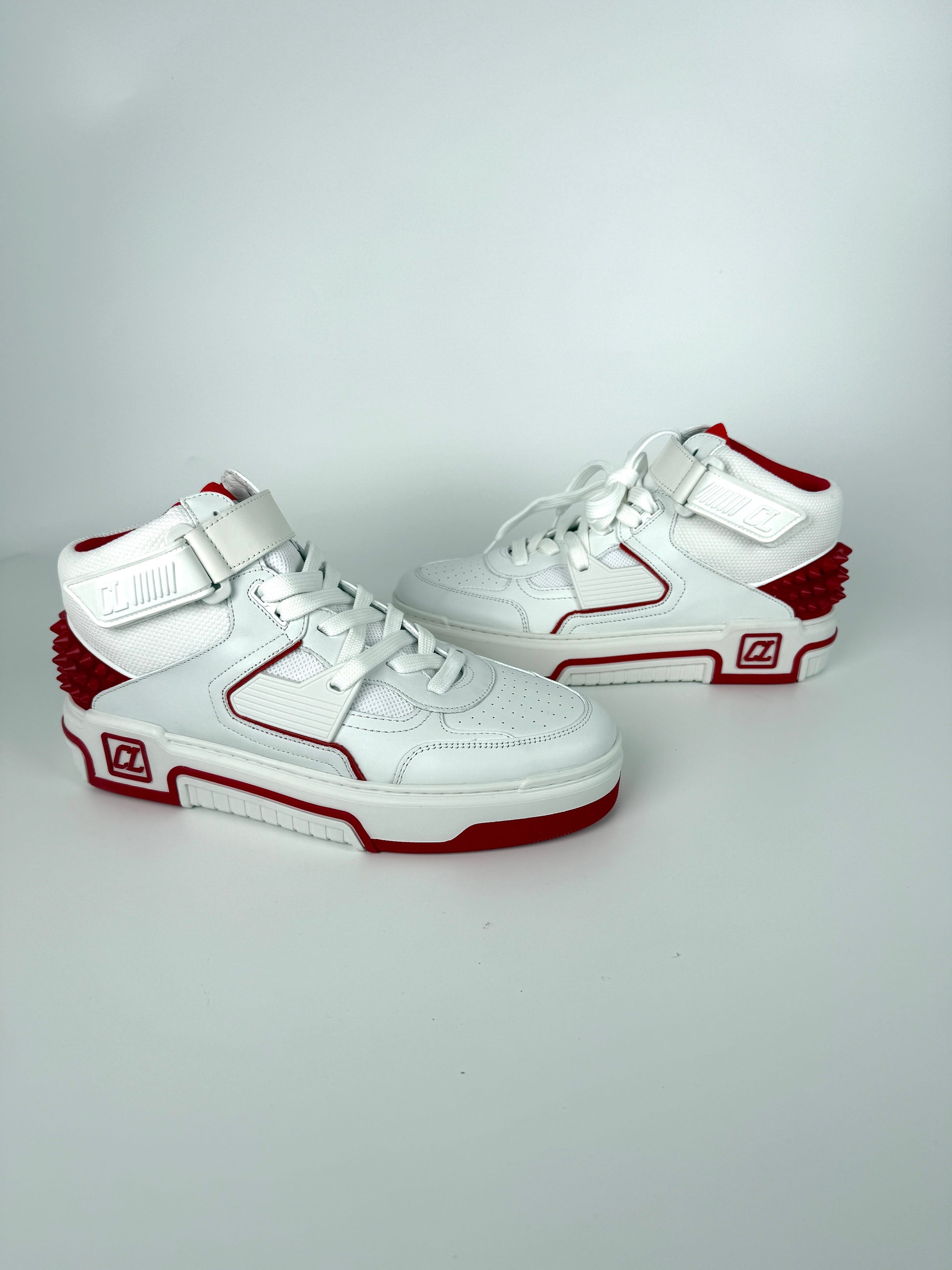 CHRISTIAN LOUBOUTIN Men's White Red Astroloubi Spike Mid Top Leather Sneakers 42, 9US NIB
