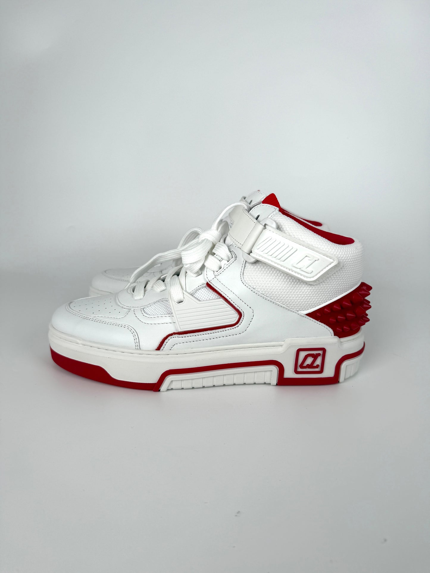 CHRISTIAN LOUBOUTIN Men's White Red Astroloubi Spike Mid Top Leather Sneakers 42, 9US NIB