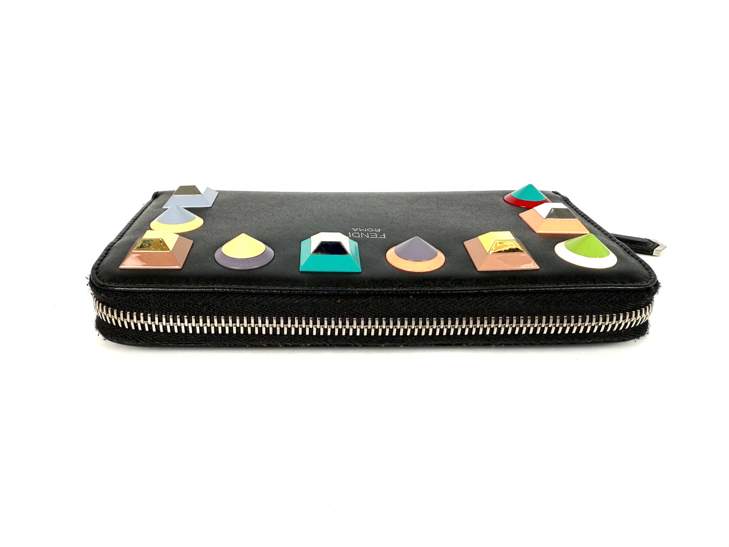 FENDI Vitello Liberty Studded Black Leather Long Zip Around Multicolor Wallet