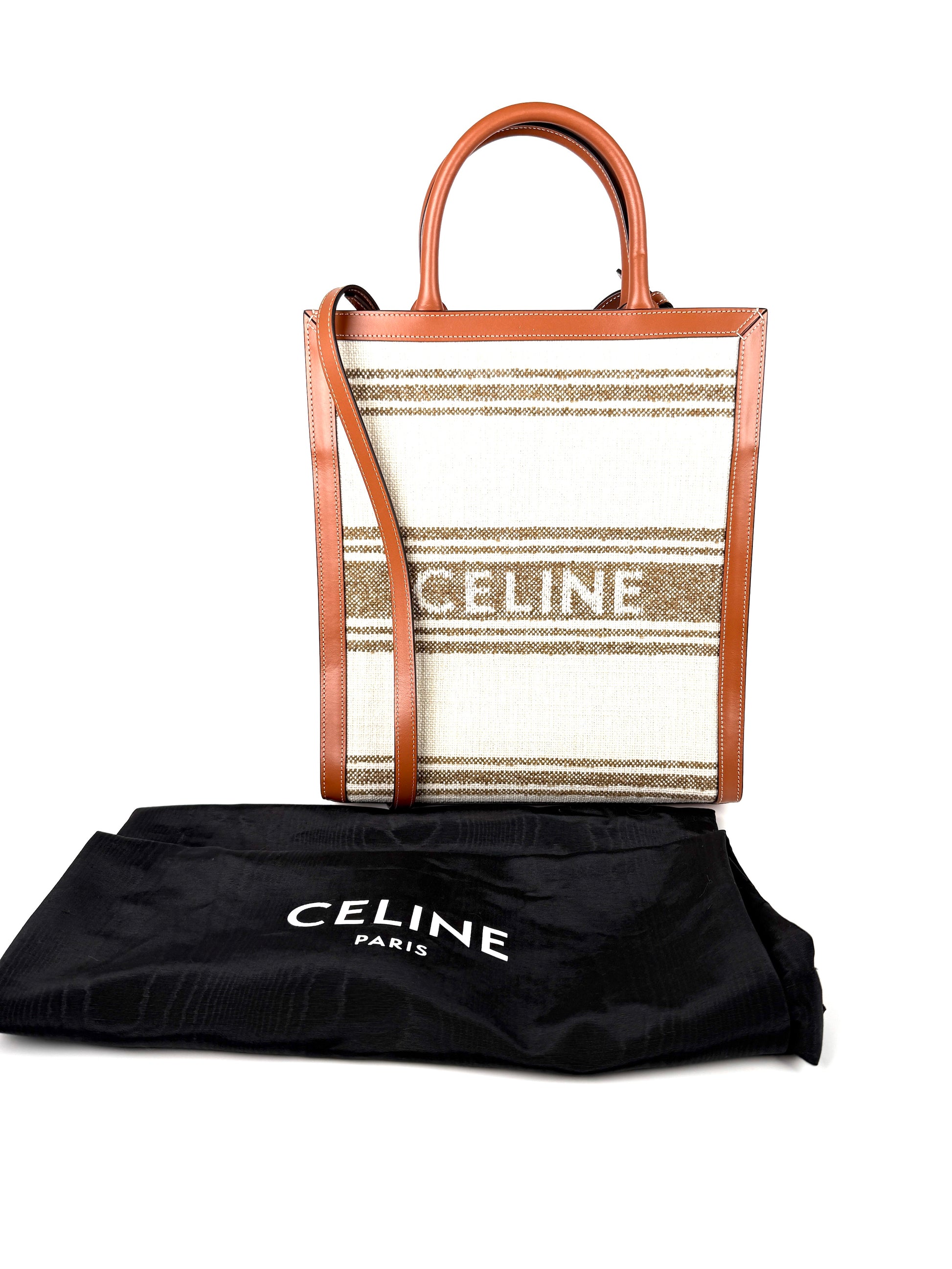 CELINE Raffia Striped Tobacco Tan Leather Trim Vertical Cabas Top Handle Crossbody Tote New with tag 