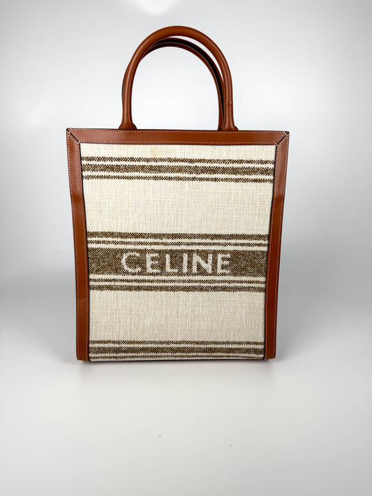 CELINE Raffia Striped Tobacco Tan Leather Trim Vertical Cabas Top Handle Crossbody Tote New with tag 