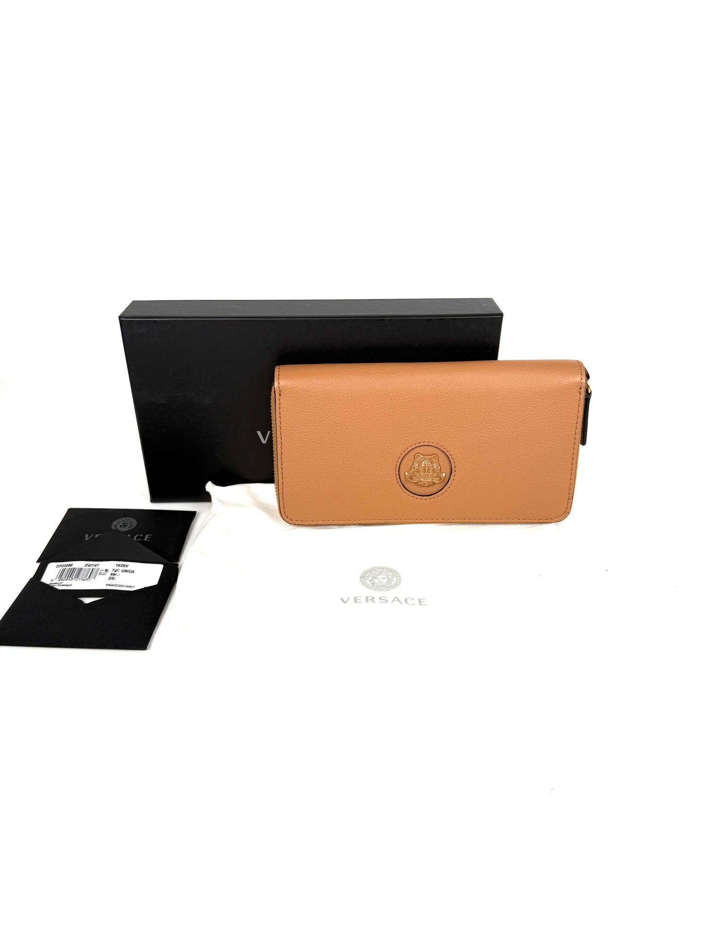 Versace La Medusa Long Zip Around Wallet Beige Leather 