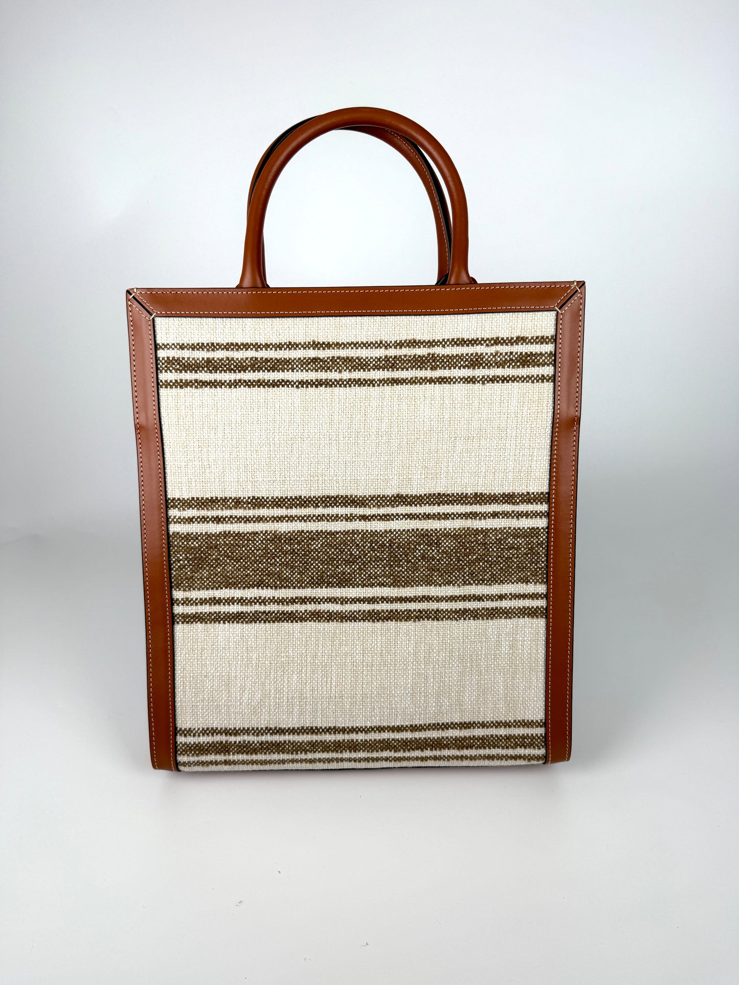 CELINE Raffia Striped Tobacco Tan Leather Trim Vertical Cabas Top Handle Crossbody Tote New with tag