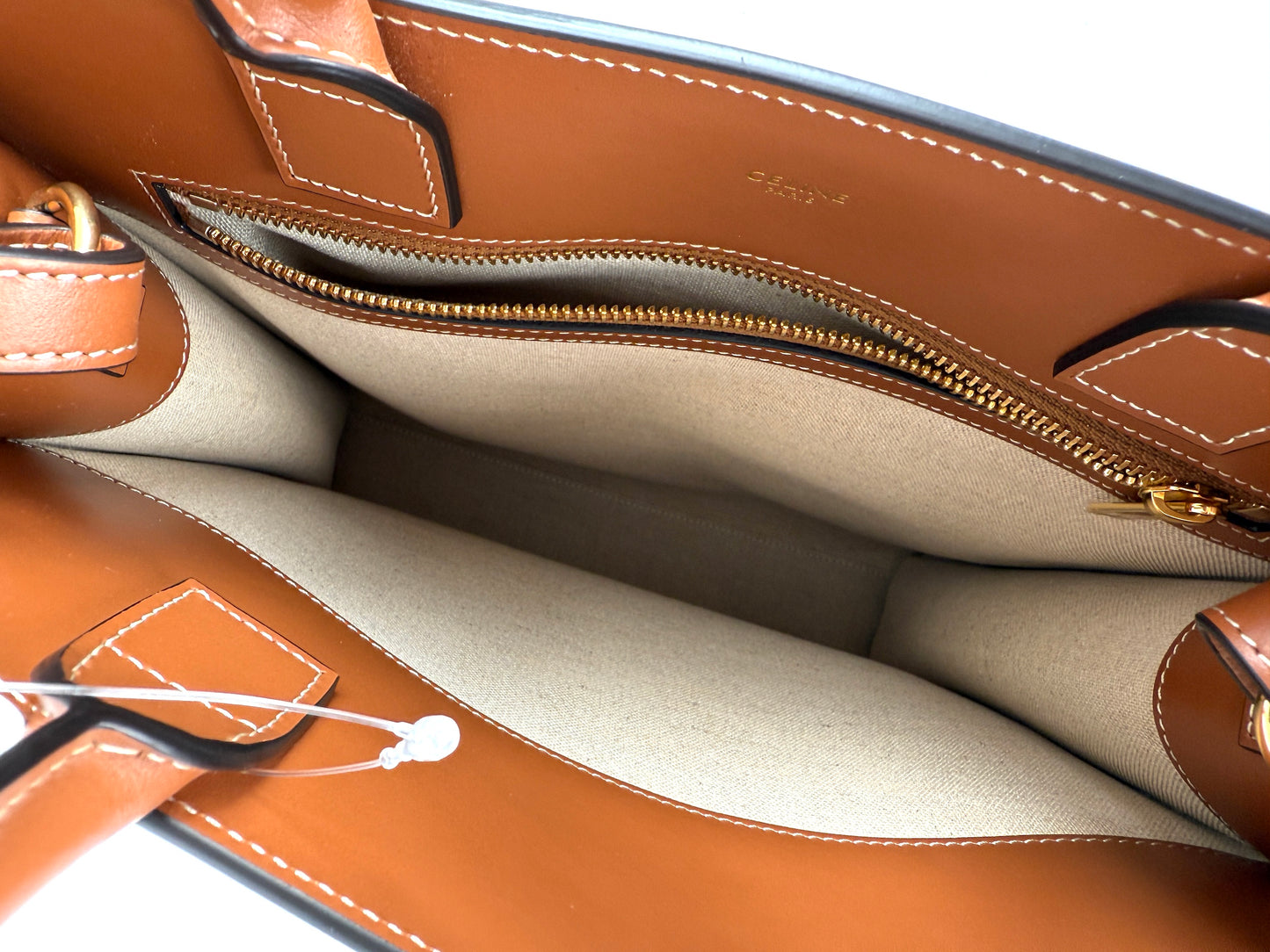 CELINE Raffia Striped Tobacco Tan Leather Trim Vertical Cabas Top Handle Crossbody Tote New with tag