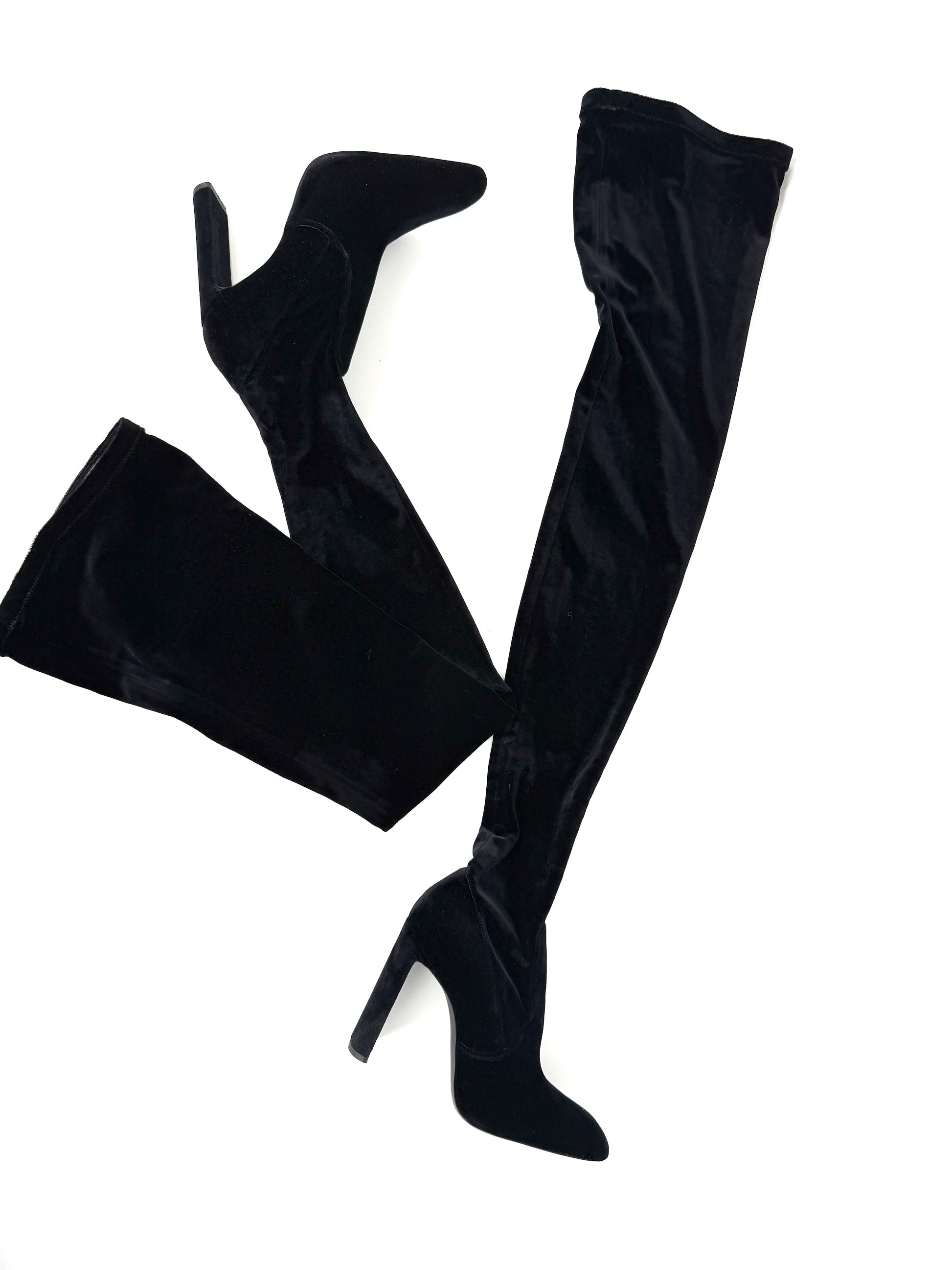 Saint Laurent Auteuil Black Stretch Velvet Sock Thigh High Heel Boots 40, 9.5 New