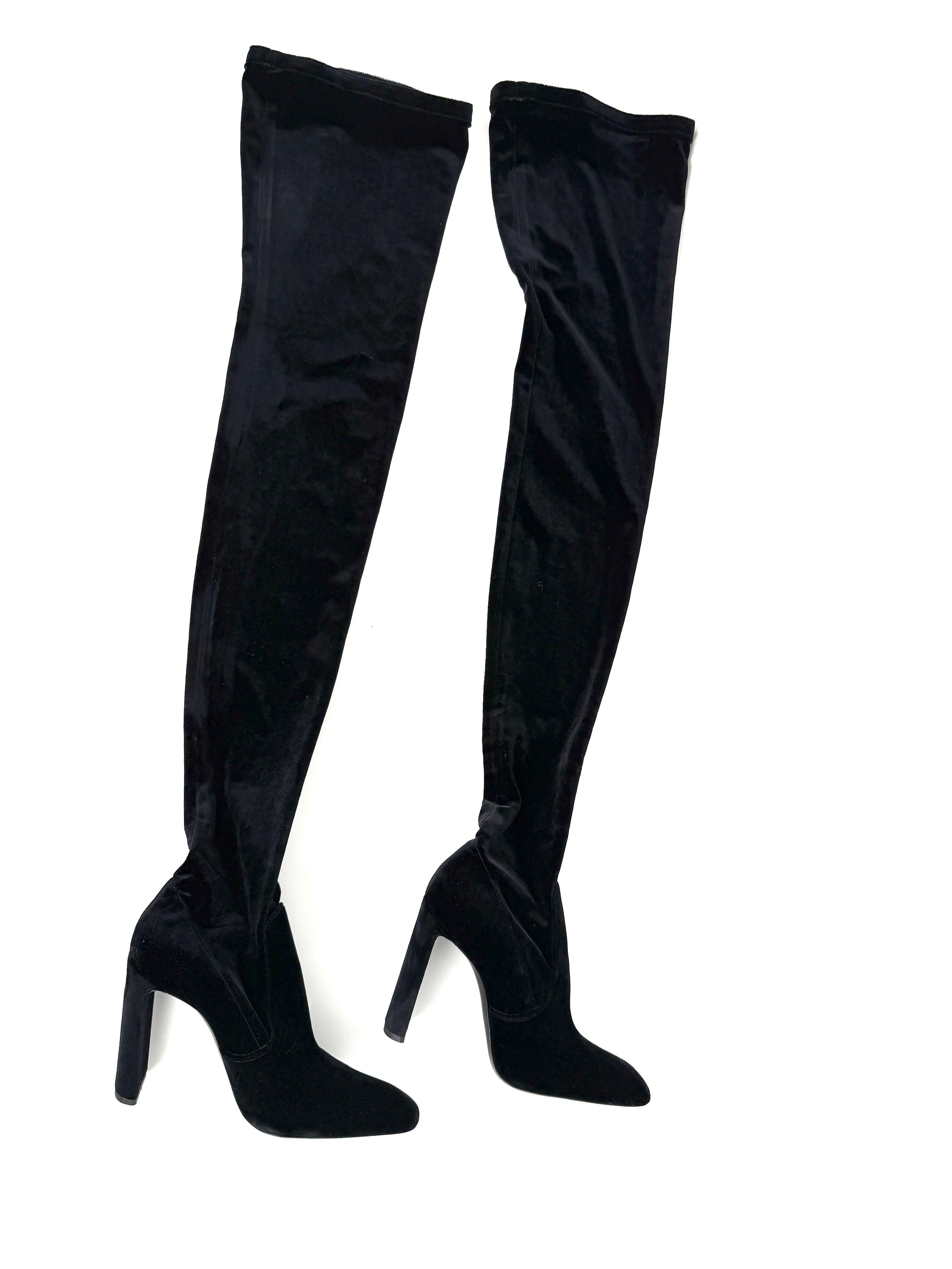 Saint Laurent Auteuil Black Stretch Velvet Sock Thigh High Heel Boots 40, 9.5 New