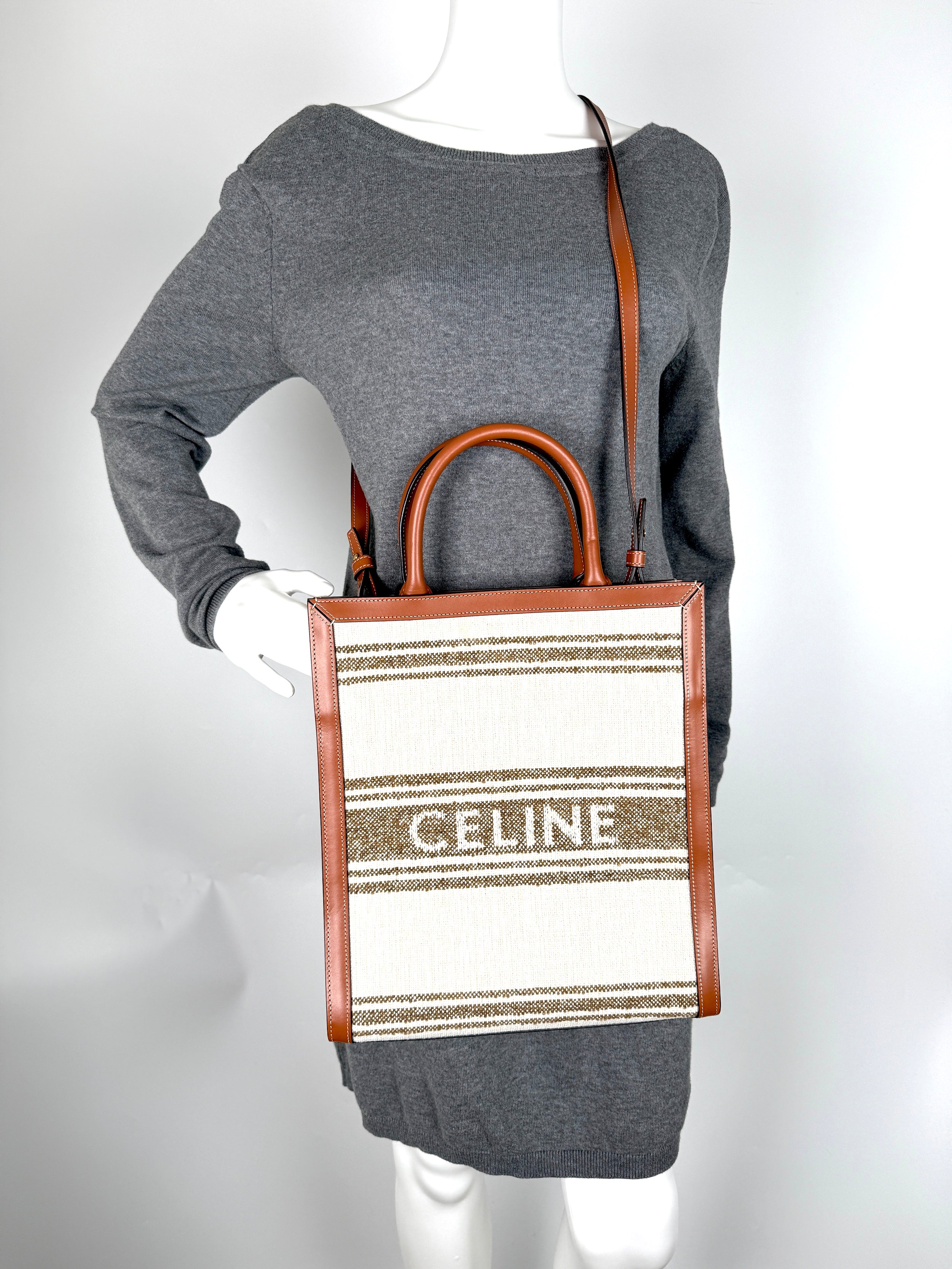 CELINE Raffia Striped Tobacco Tan Leather Trim Vertical Cabas Top