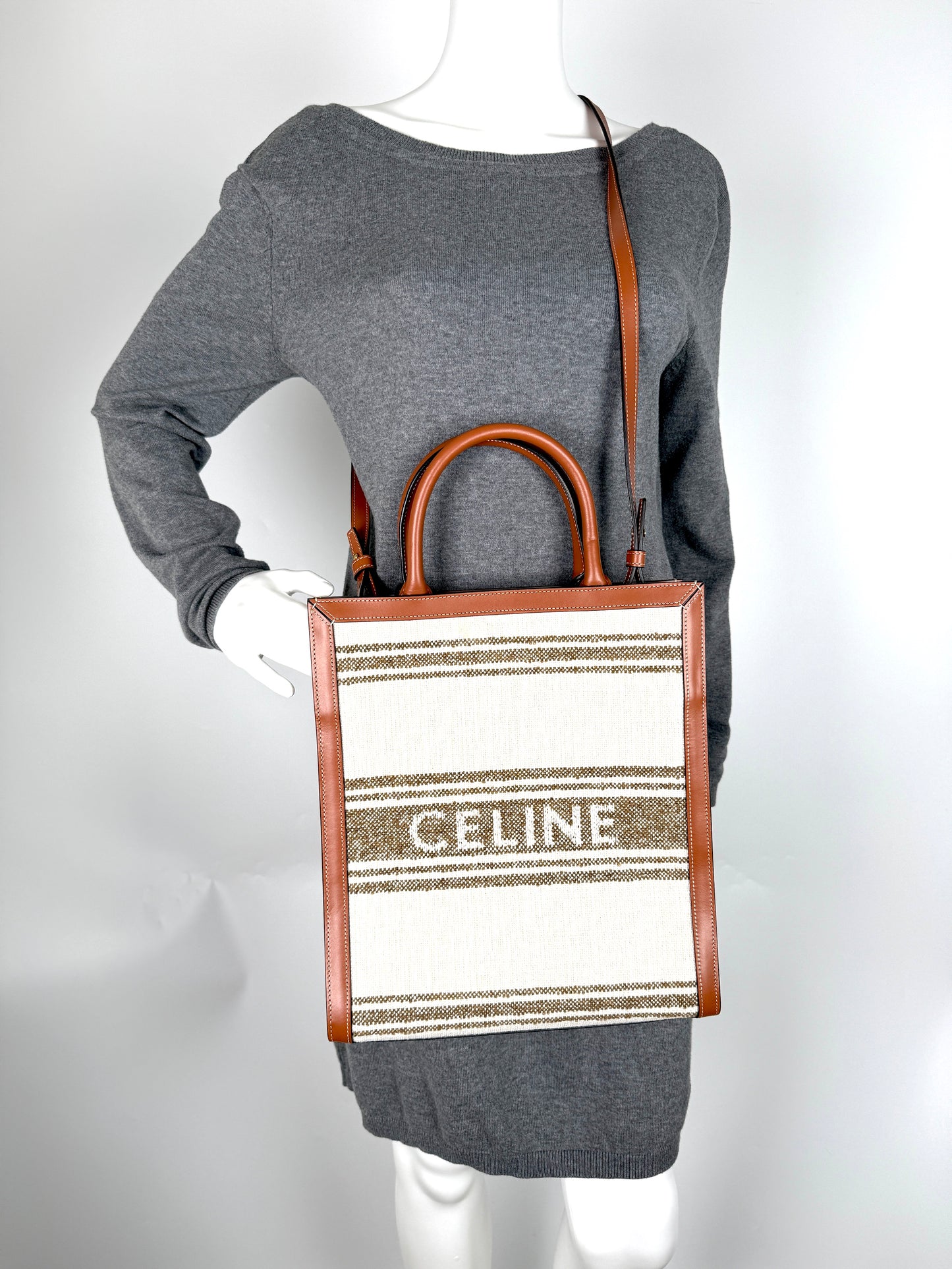 CELINE Raffia Striped Tobacco Tan Leather Trim Vertical Cabas Top Handle Crossbody Tote New with tag 