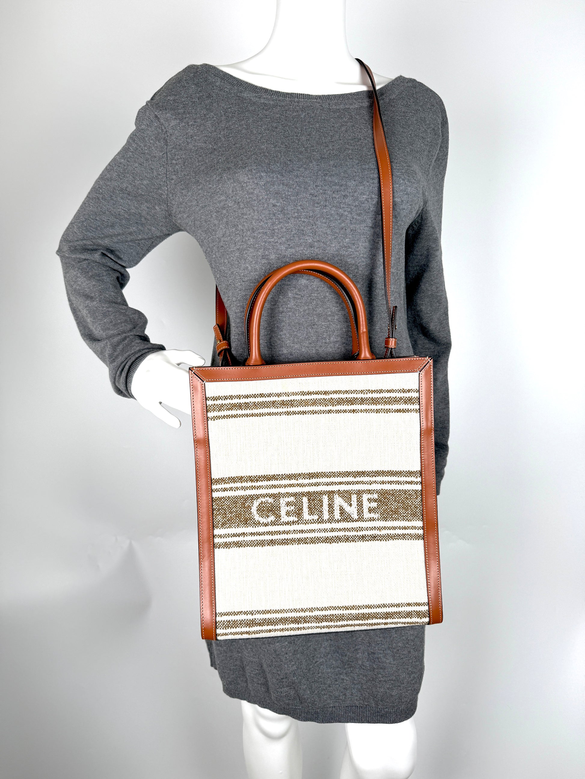 CELINE Raffia Striped Tobacco Tan Leather Trim Vertical Cabas Top Handle Crossbody Tote New with tag 