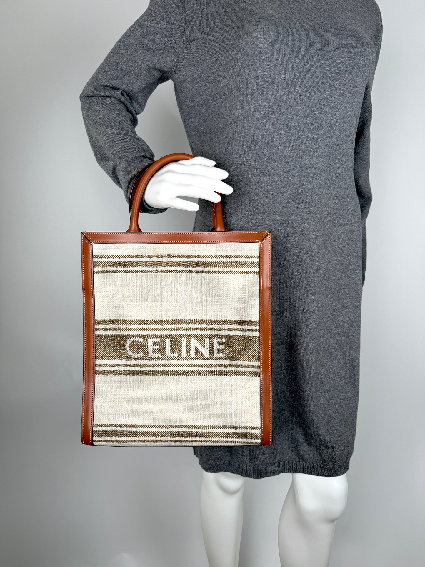 CELINE Raffia Striped Tobacco Tan Leather Trim Vertical Cabas Top Handle Crossbody Tote New with tag 