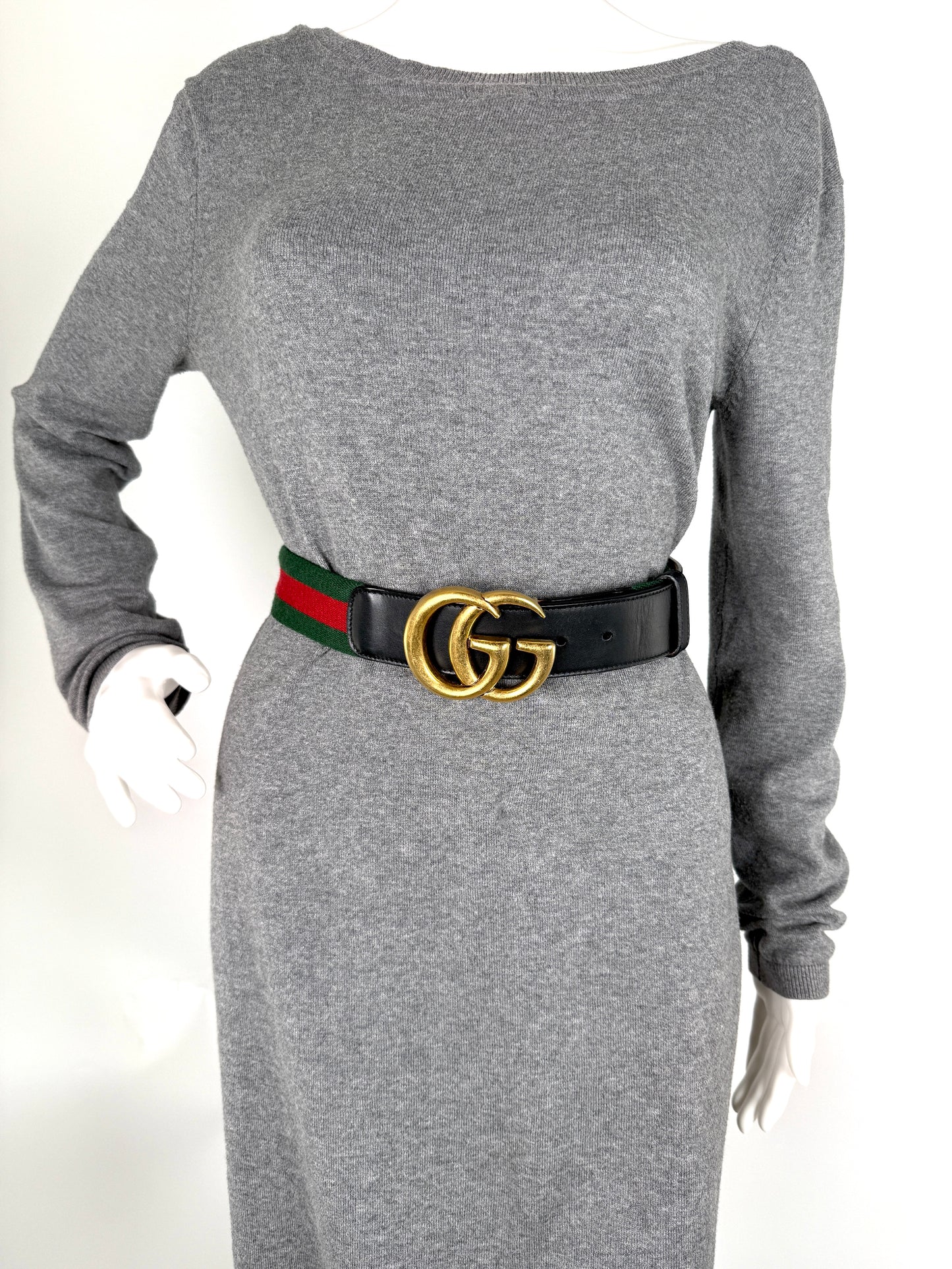 GUCCI Web Accent GG Logo Buckle Wide Canvas Leather Belt 95 38