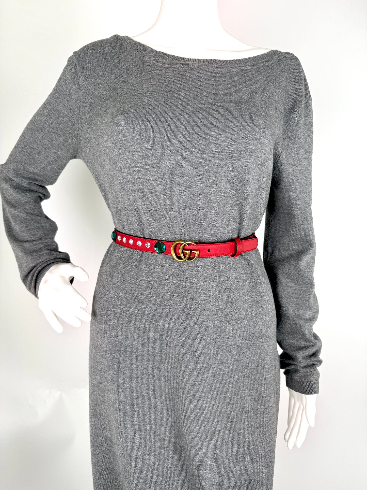 GUCCI GG Red Crystal Embellished Skinny Leather Belt 100 40