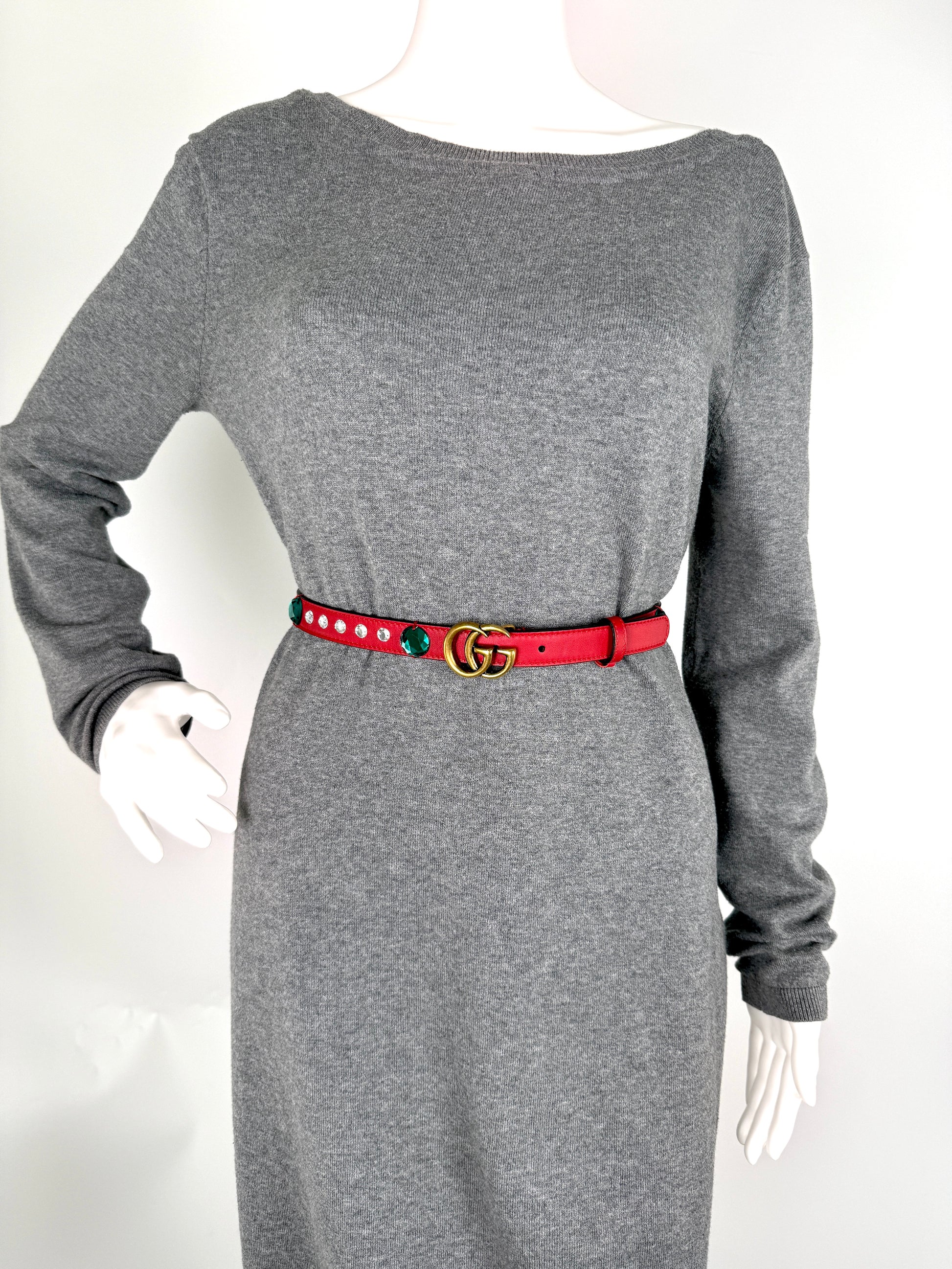 GUCCI GG Red Crystal Embellished Skinny Leather Belt 100 40